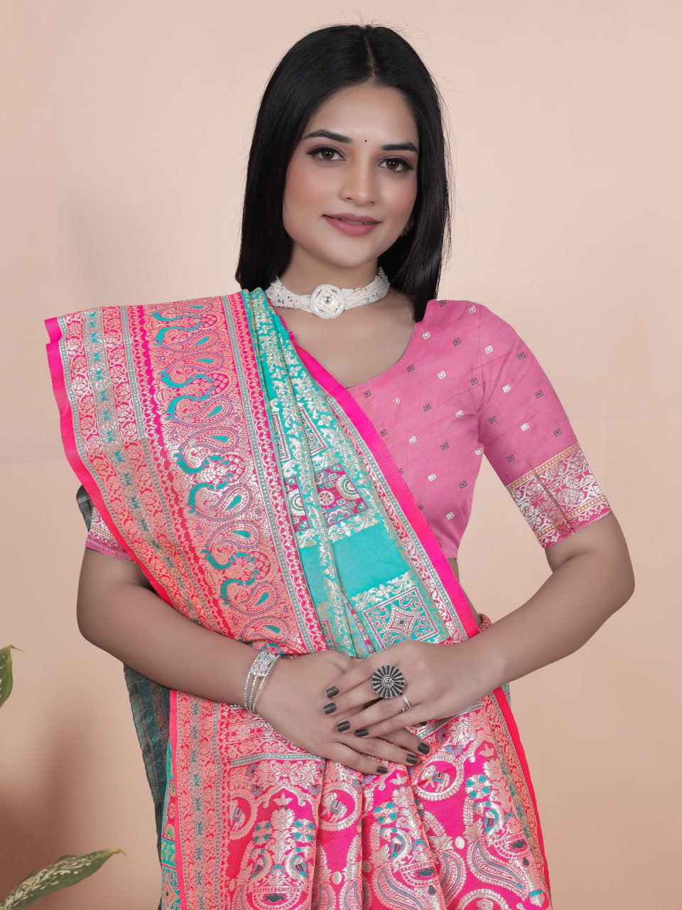 Aqua Blue and Pink Banarasi Silk Saree with Silver Zari Weaving