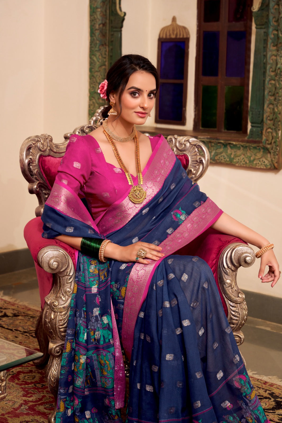 Poly Cotton Kalamkari Print With Zari Weaving Work Border Saree