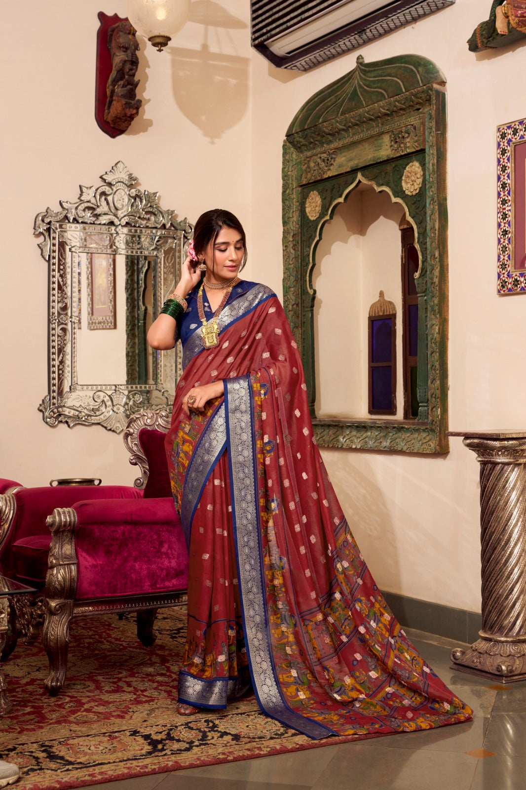 Poly Cotton Kalamkari Print With Zari Weaving Work Border Saree