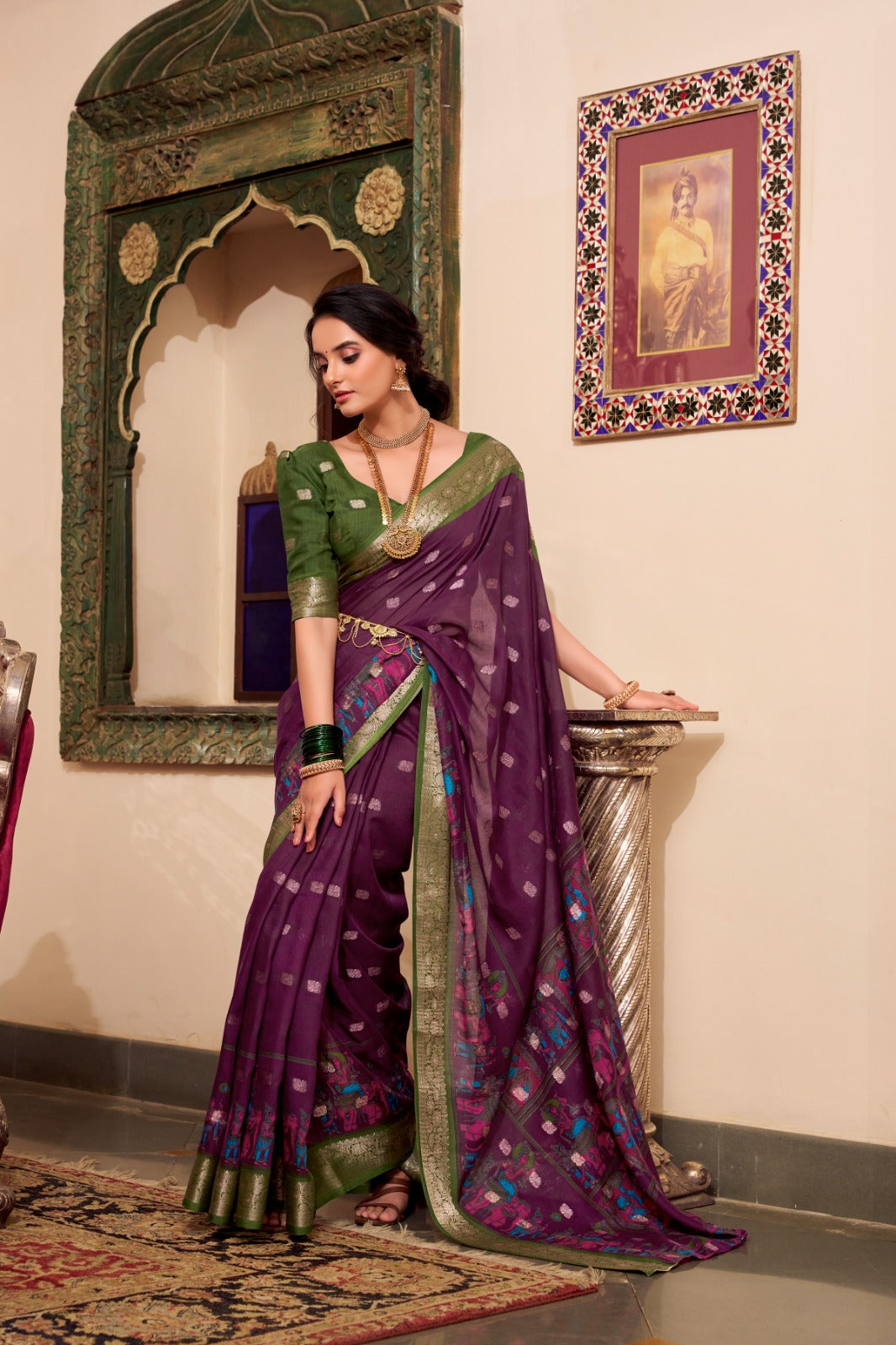 Poly Cotton Kalamkari Print With Zari Weaving Work Border Saree