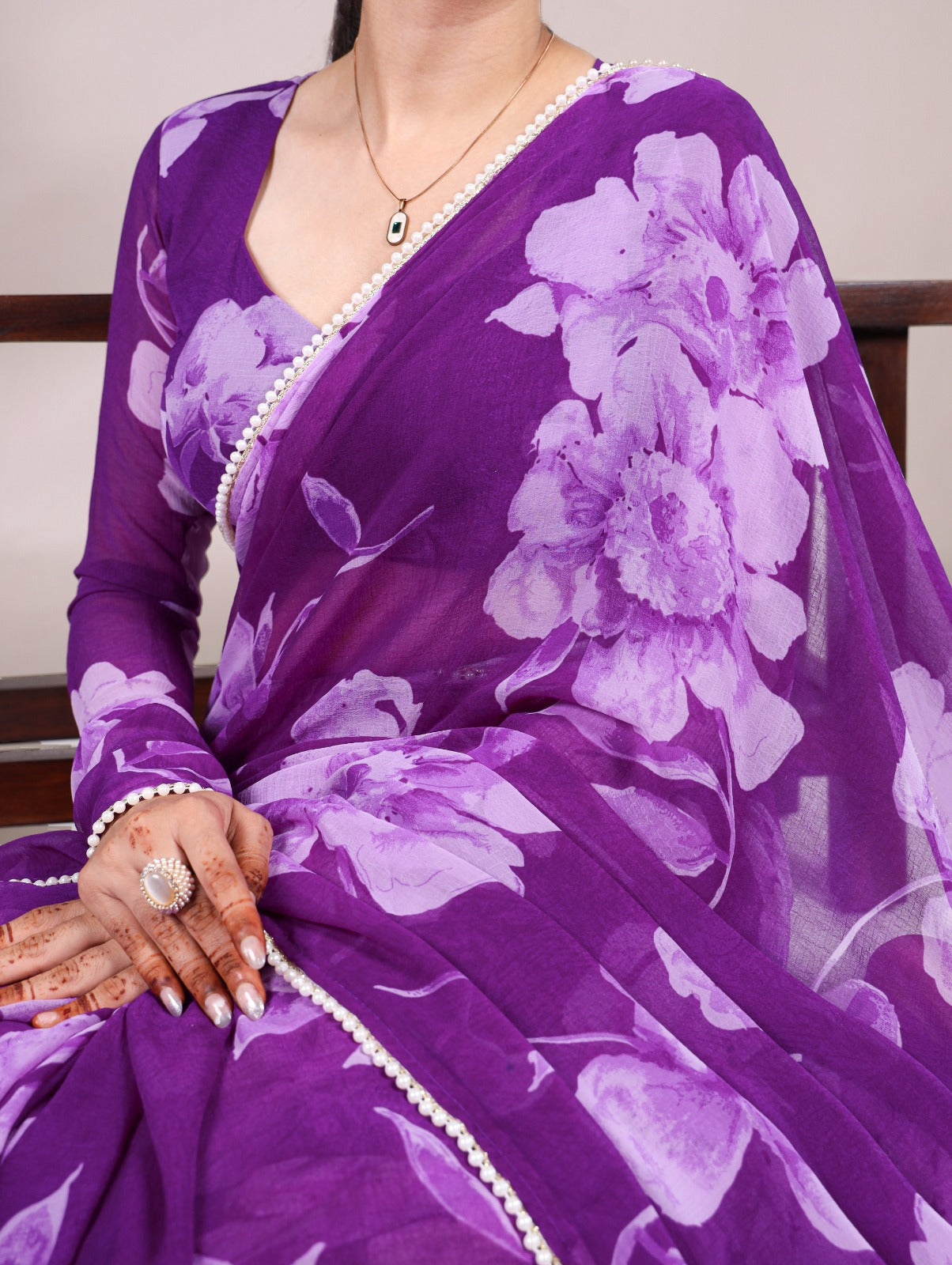 Chiffon Foral Printed Pearl Lace BorderSaree