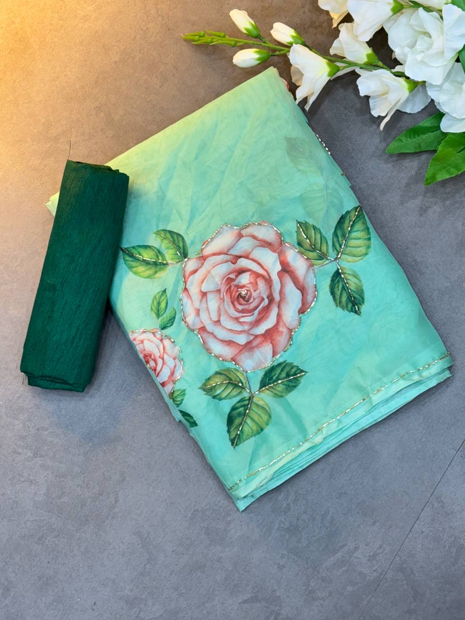 FLOWER HANDWORK CUT DANA ROSE SOFT TABI ORGANZA HANDWORK SAREE