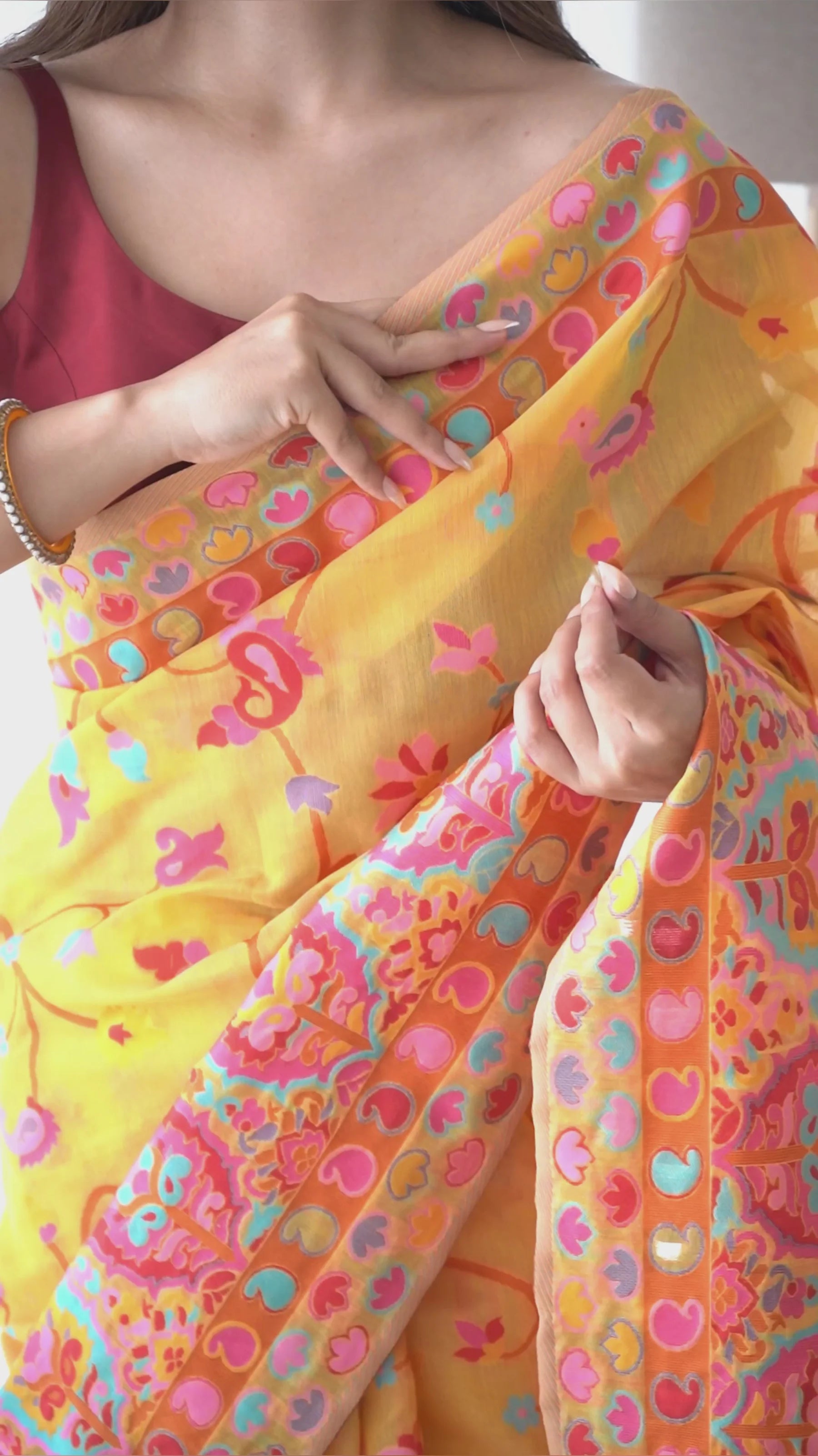 KASHMIRI PASHMINA COTTON KACHHI WORK MULTI THRADE SAREE