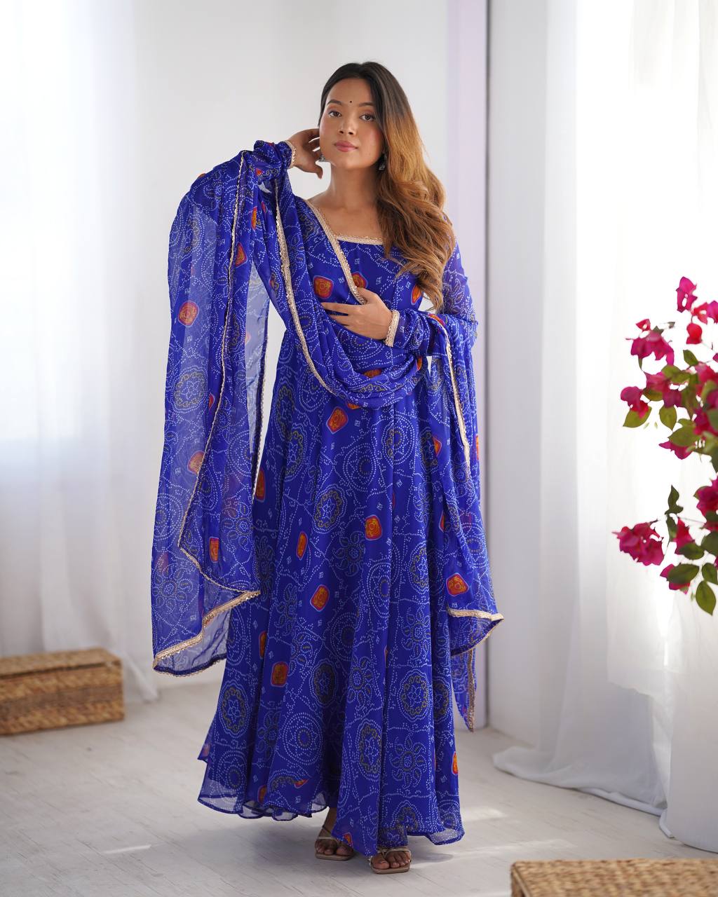 ANARKALI FABRIC*:PURE SOFT LIGHTWEIGHT CHIFFON BANDHEJ FABRIC INNER MICRO COTTON