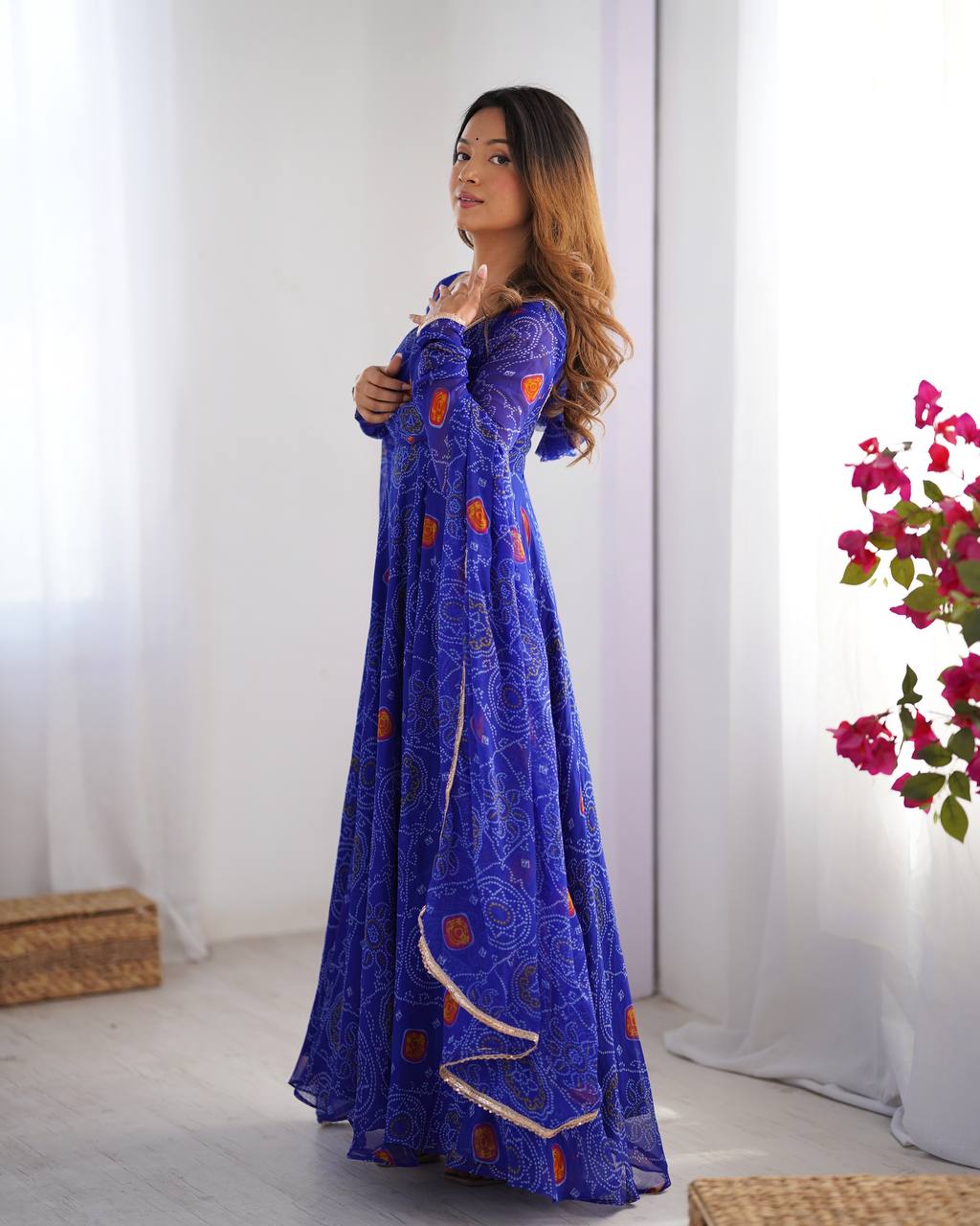 ANARKALI FABRIC*:PURE SOFT LIGHTWEIGHT CHIFFON BANDHEJ FABRIC INNER MICRO COTTON