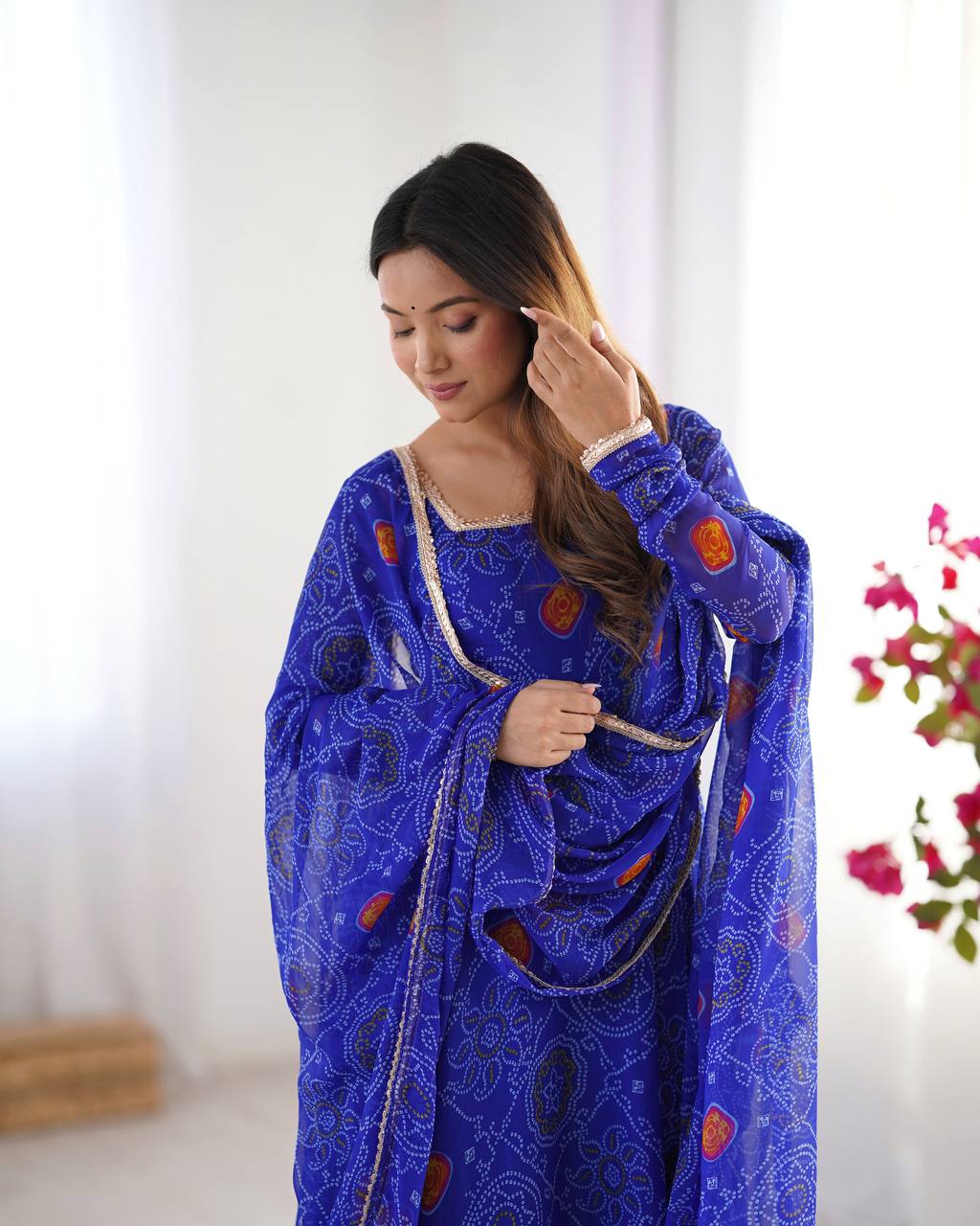 ANARKALI FABRIC*:PURE SOFT LIGHTWEIGHT CHIFFON BANDHEJ FABRIC INNER MICRO COTTON