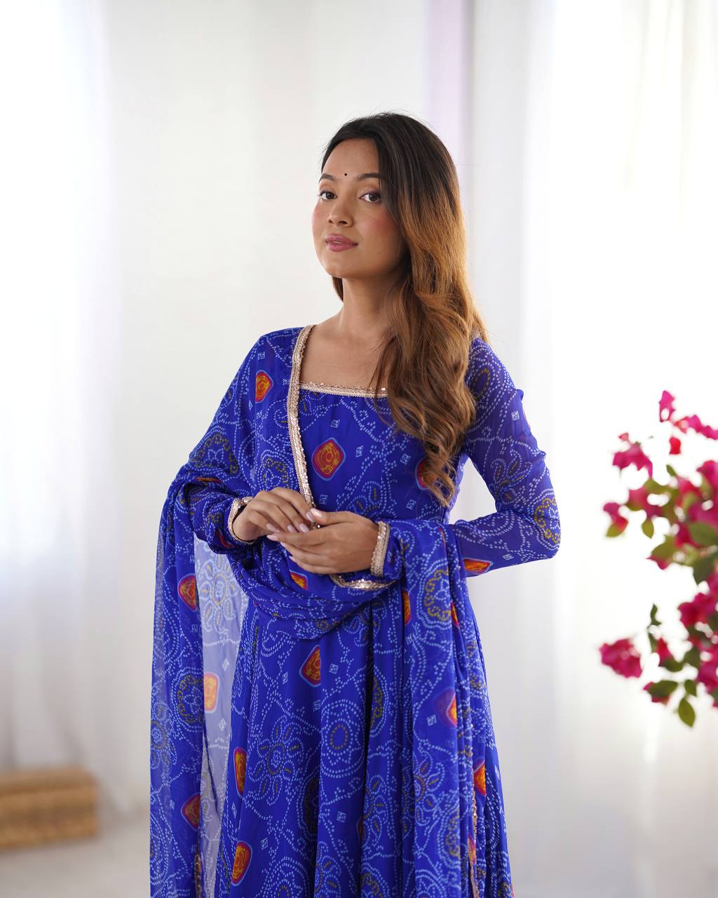 ANARKALI FABRIC*:PURE SOFT LIGHTWEIGHT CHIFFON BANDHEJ FABRIC INNER MICRO COTTON