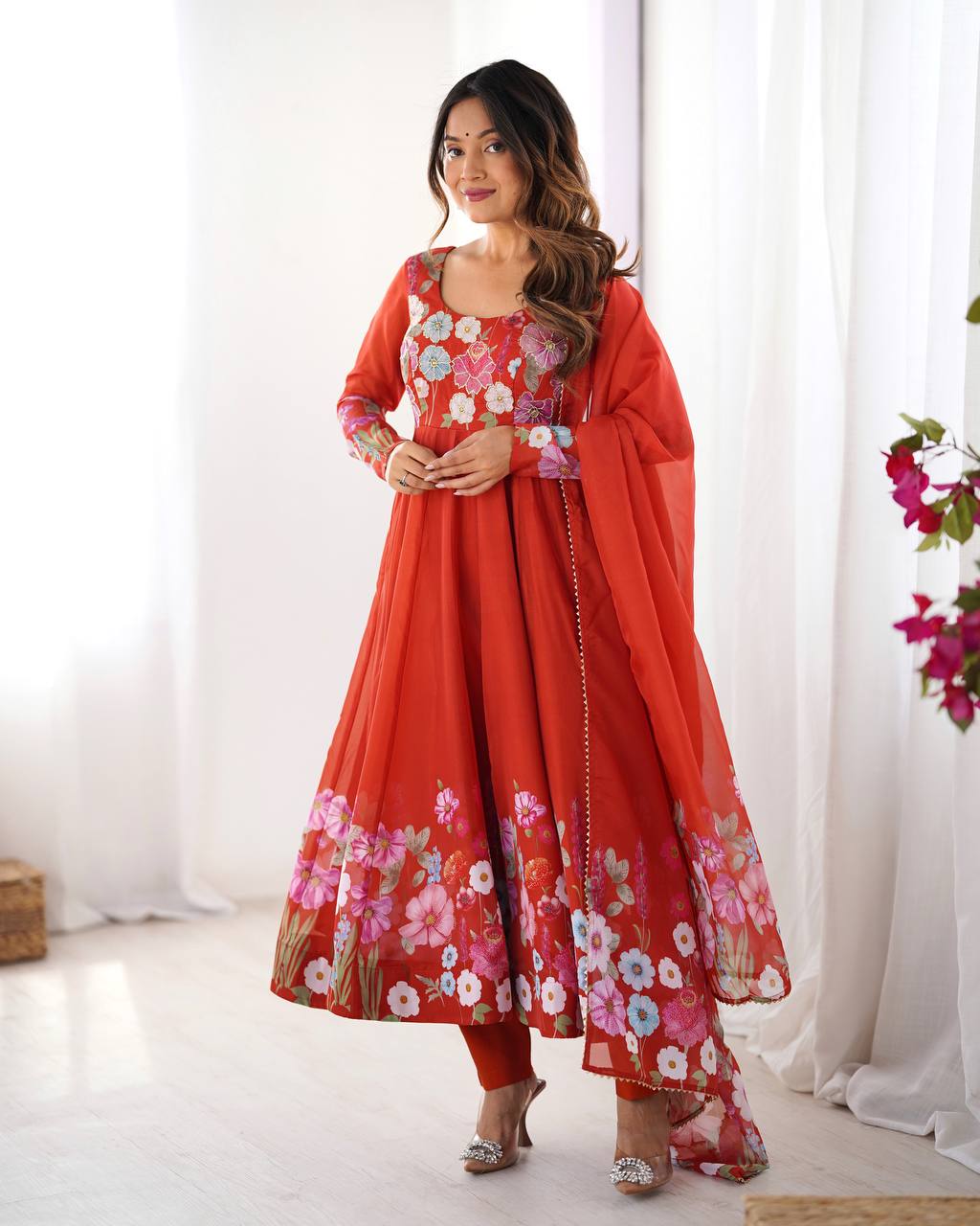REAL MODELING PURE SOFT ORGANJA SILK FABRIC FULLY FLAIR KALI PATTERN AND CANVAS PATTA WITH DUPPTA SET ,PENT READY TO WEAR*