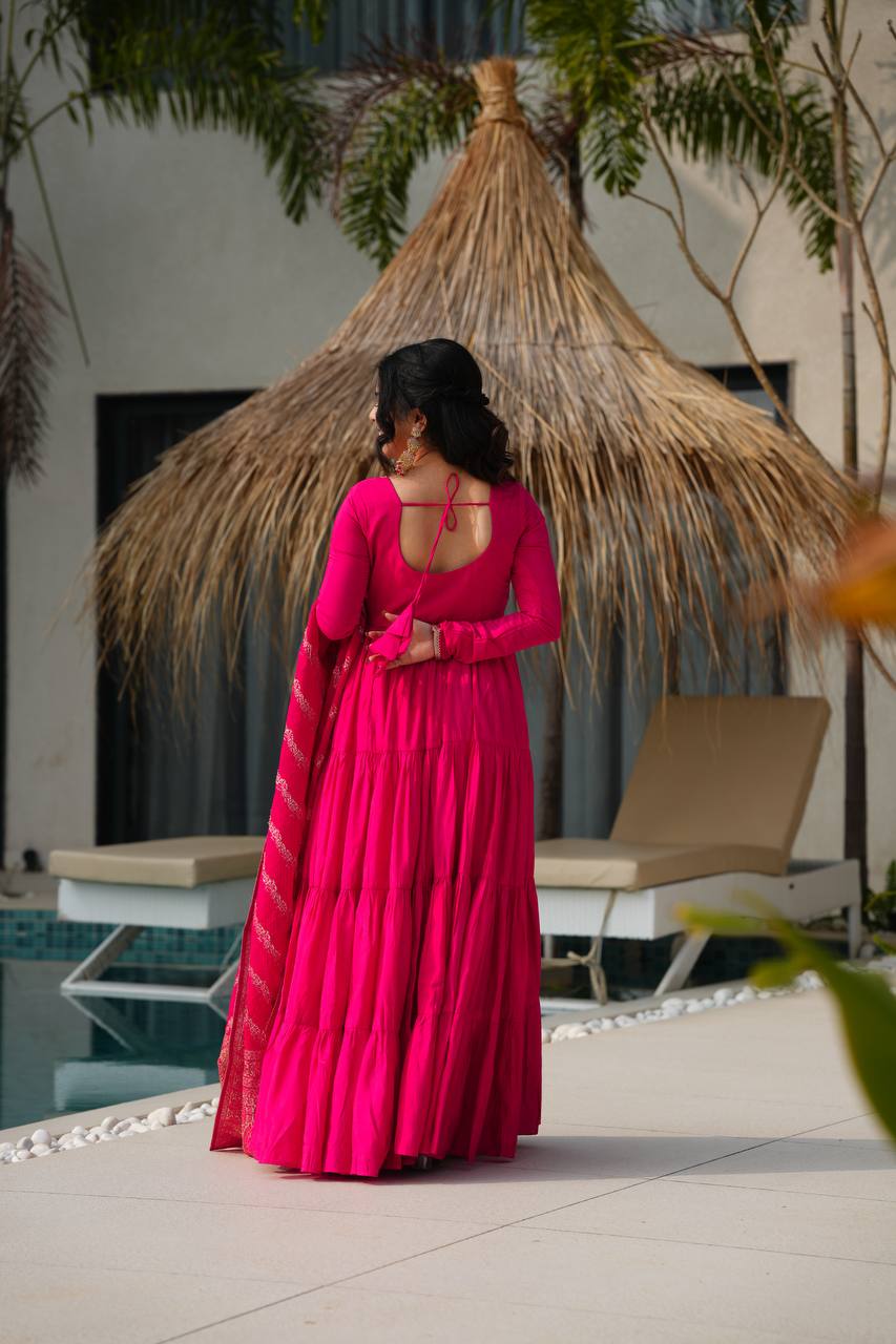 *PURE ROMANSILK CHANDERI FABRIC FULLY FLAIR ANARKALI,WITH DUPPTA SET,PENT READY TO WEAR*