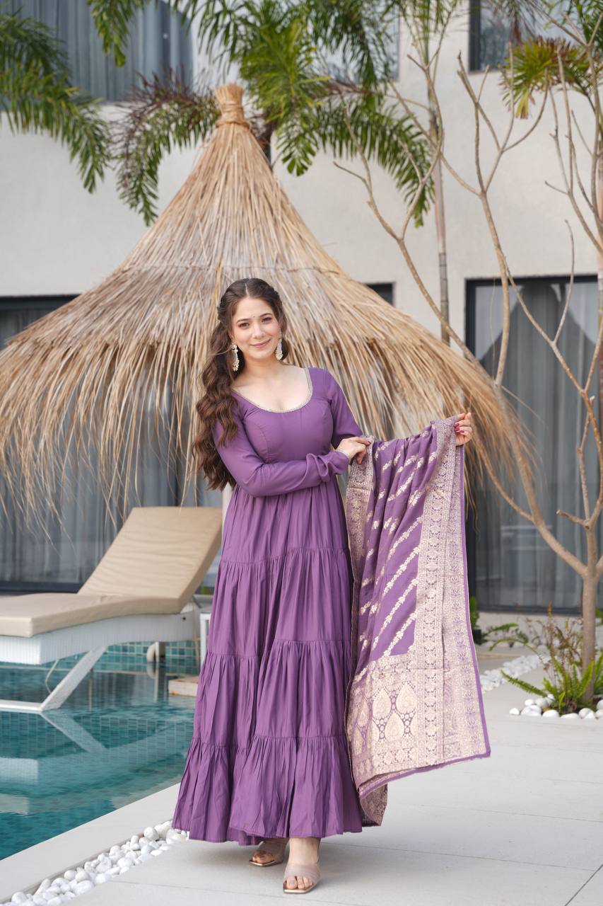 PURE ROMANSILK CHANDERI FABRIC FULLY FLAIR ANARKALI,WITH DUPPTA SET,PENT READY TO WEAR*