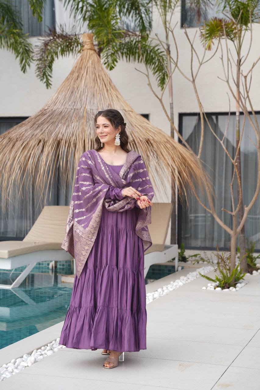 PURE ROMANSILK CHANDERI FABRIC FULLY FLAIR ANARKALI,WITH DUPPTA SET,PENT READY TO WEAR*