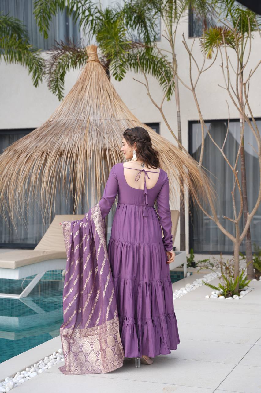 PURE ROMANSILK CHANDERI FABRIC FULLY FLAIR ANARKALI,WITH DUPPTA SET,PENT READY TO WEAR*