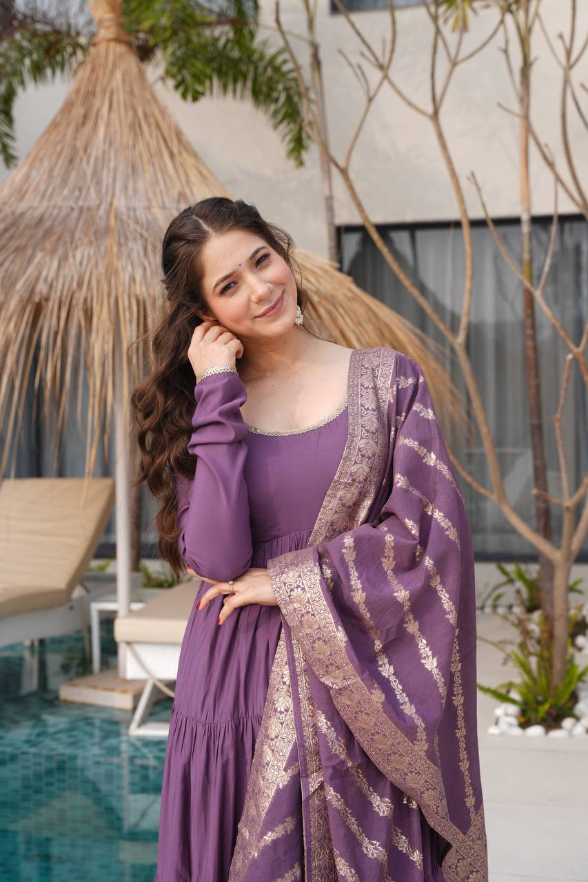 PURE ROMANSILK CHANDERI FABRIC FULLY FLAIR ANARKALI,WITH DUPPTA SET,PENT READY TO WEAR*