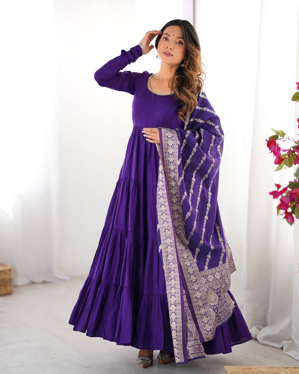 PURE ROMANSILK CHANDERI FABRIC FULLY FLAIR ANARKALI,WITH DUPPTA SET,PENT READY TO WEAR*