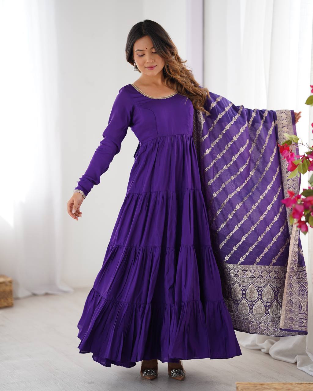 PURE ROMANSILK CHANDERI FABRIC FULLY FLAIR ANARKALI,WITH DUPPTA SET,PENT READY TO WEAR*