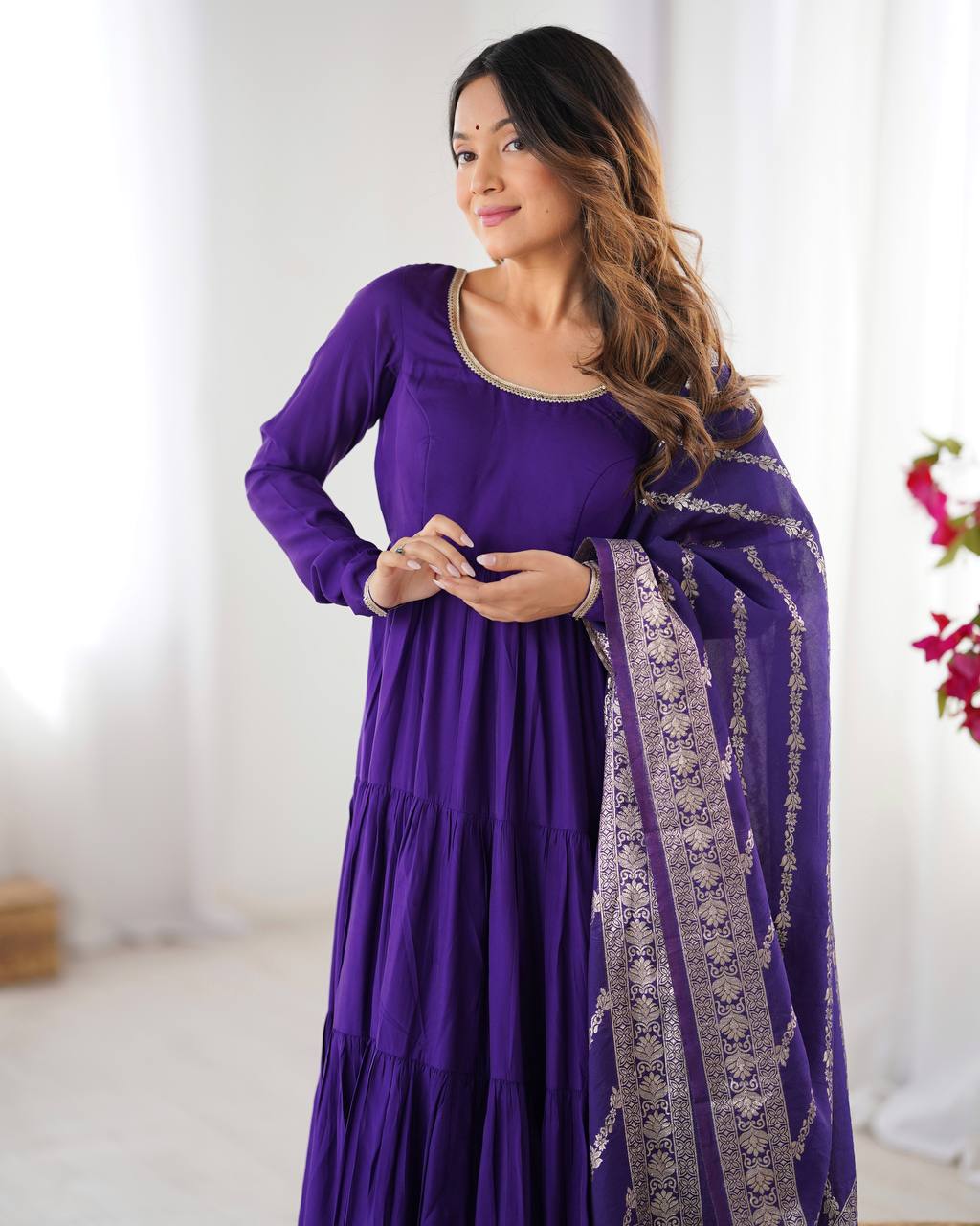 PURE ROMANSILK CHANDERI FABRIC FULLY FLAIR ANARKALI,WITH DUPPTA SET,PENT READY TO WEAR*