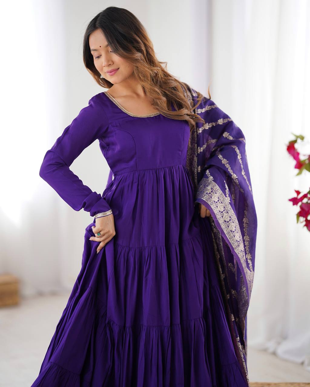 PURE ROMANSILK CHANDERI FABRIC FULLY FLAIR ANARKALI,WITH DUPPTA SET,PENT READY TO WEAR*