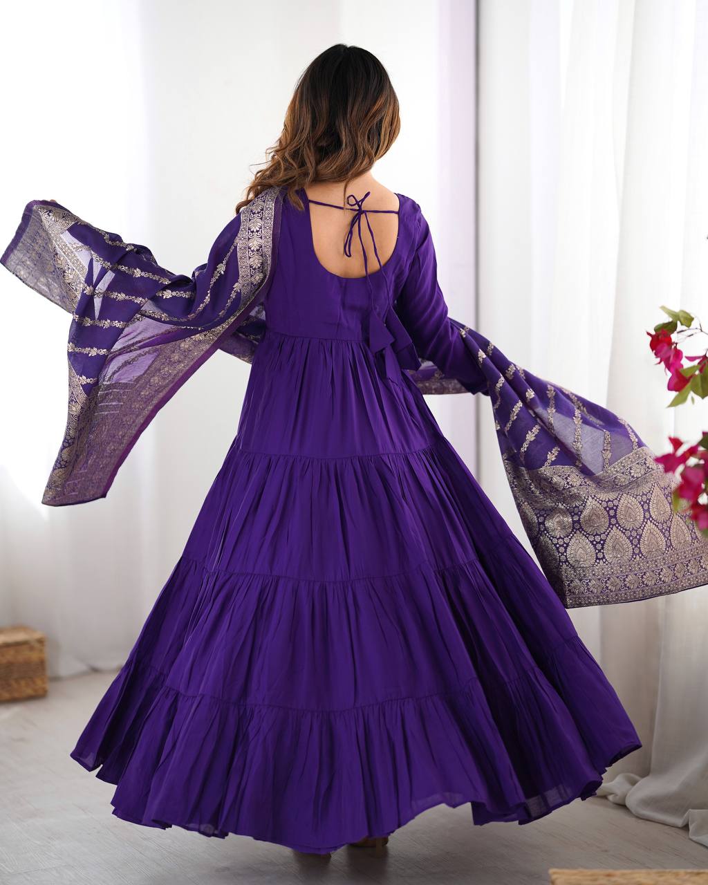PURE ROMANSILK CHANDERI FABRIC FULLY FLAIR ANARKALI,WITH DUPPTA SET,PENT READY TO WEAR*