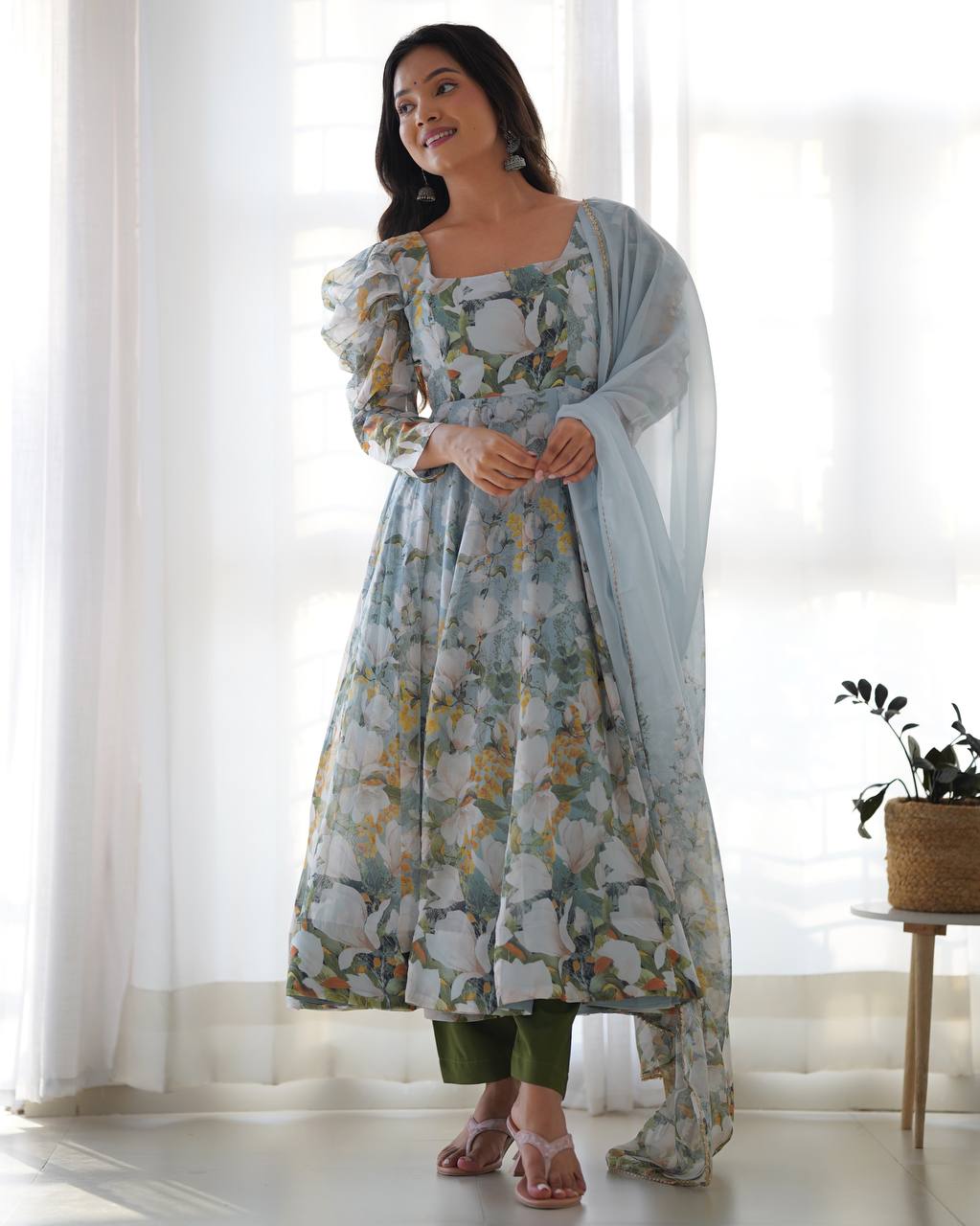 PURE SOFT ORGANJA SILK  FLORAL PRINT FABRIC FULLY FLAIR KALI PATTERN AND CANVAS PATTA WITH DUPPTA SET,PENT READY TO WEAR*