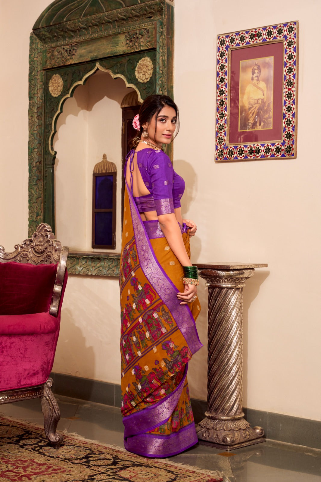 Poly Cotton Kalamkari Print With Zari Weaving Work Border Saree