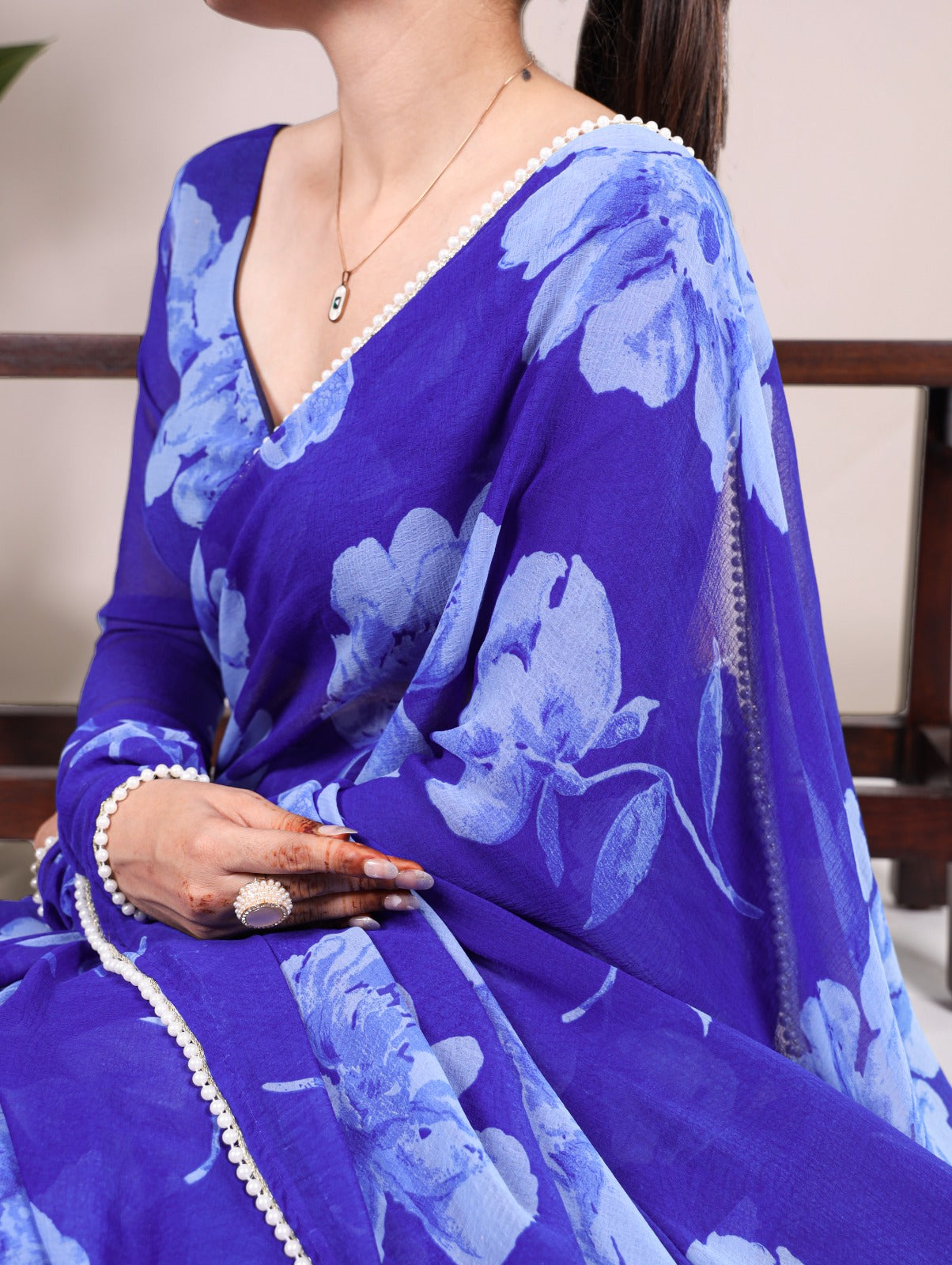 Chiffon Foral Printed Pearl Lace BorderSaree