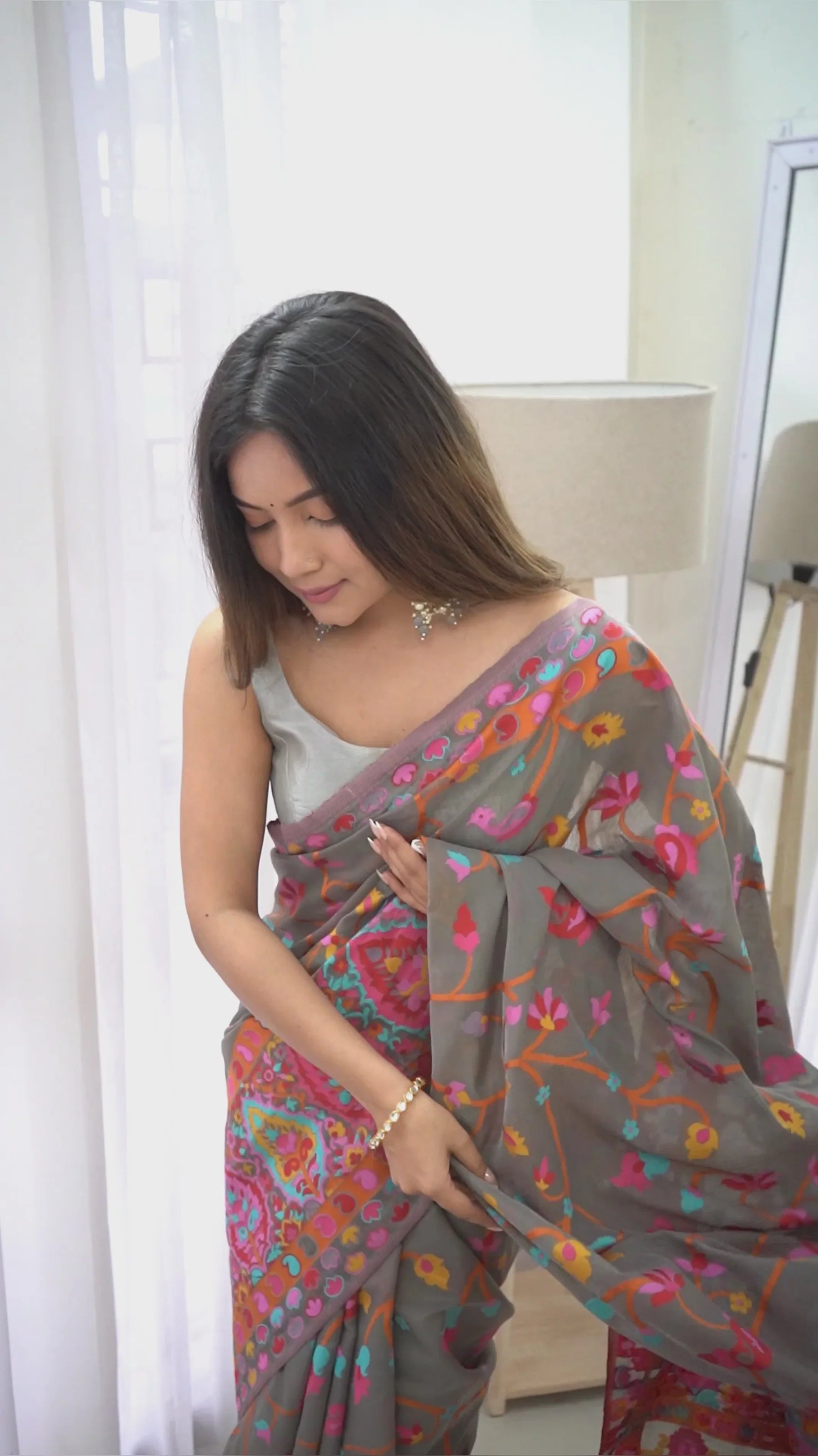 KASHMIRI PASHMINA COTTON KACHHI WORK MULTI THRADE SAREE
