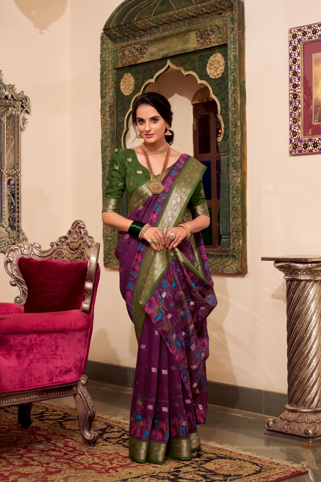 Poly Cotton Kalamkari Print With Zari Weaving Work Border Saree