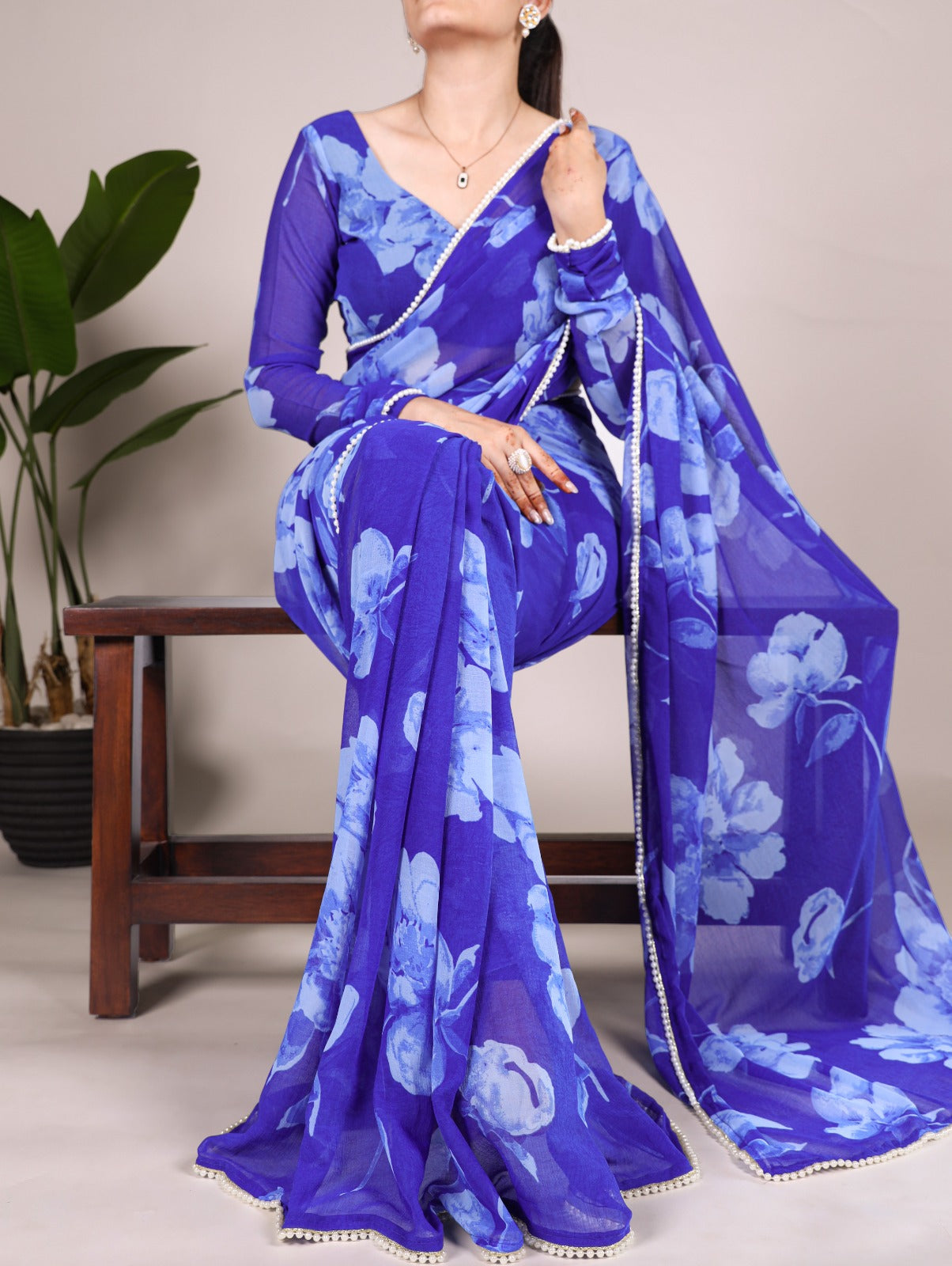Chiffon Foral Printed Pearl Lace BorderSaree