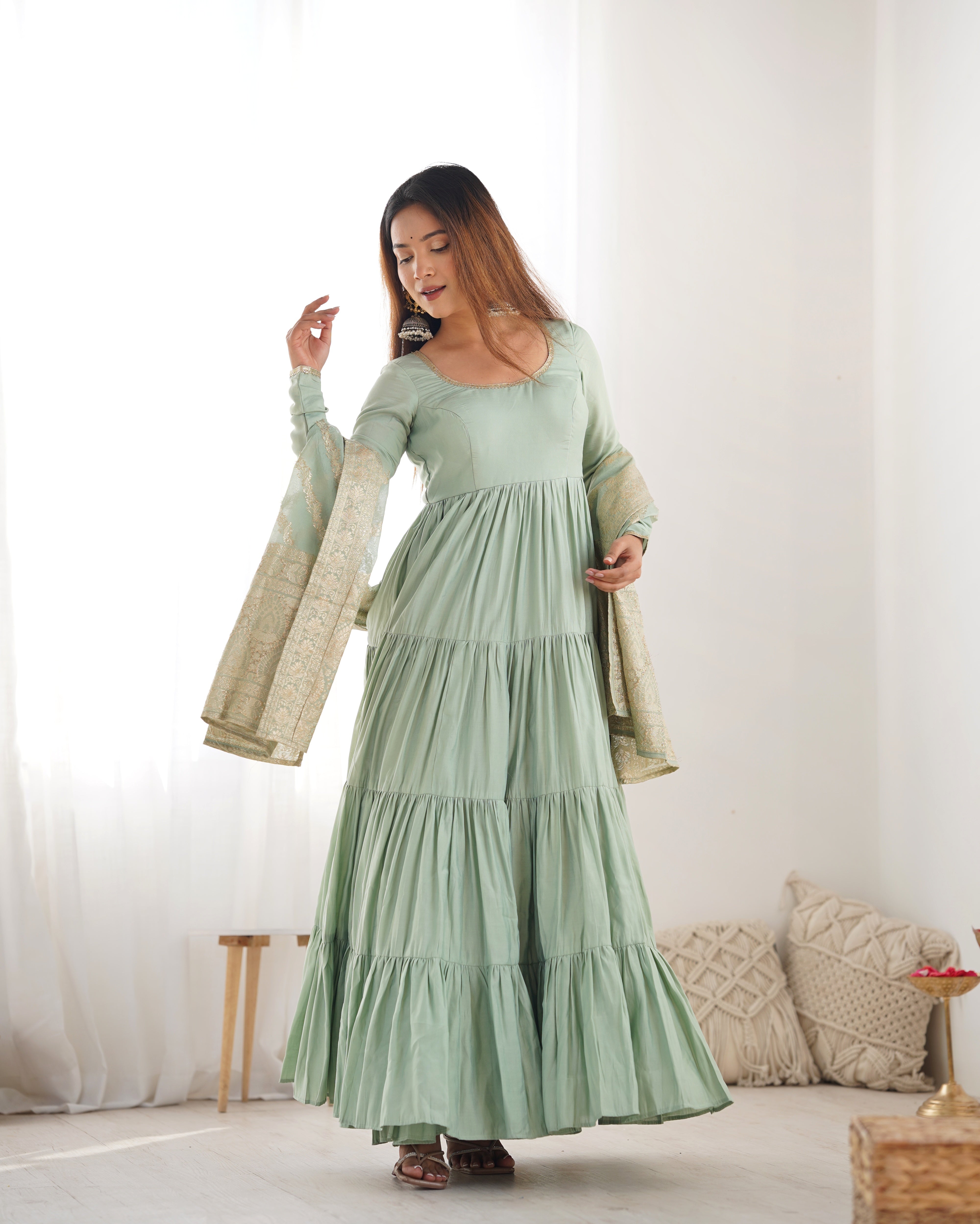 *PURE ROMANSILK CHANDERI FABRIC FULLY FLAIR ANARKALI,WITH DUPPTA SET,PENT READY TO WEAR*