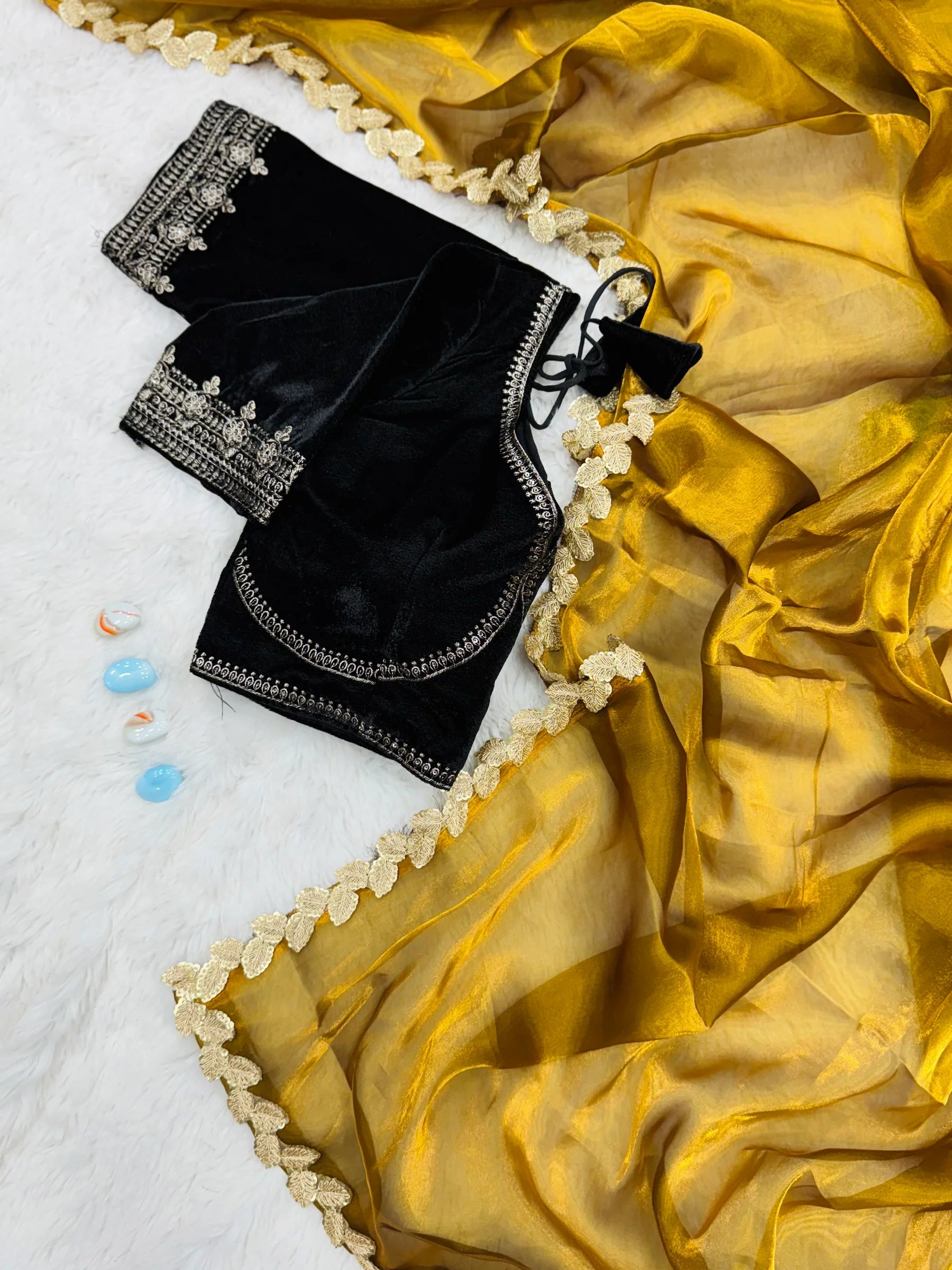 Festive Golden Tissue Saree with Embroidered Lace Border