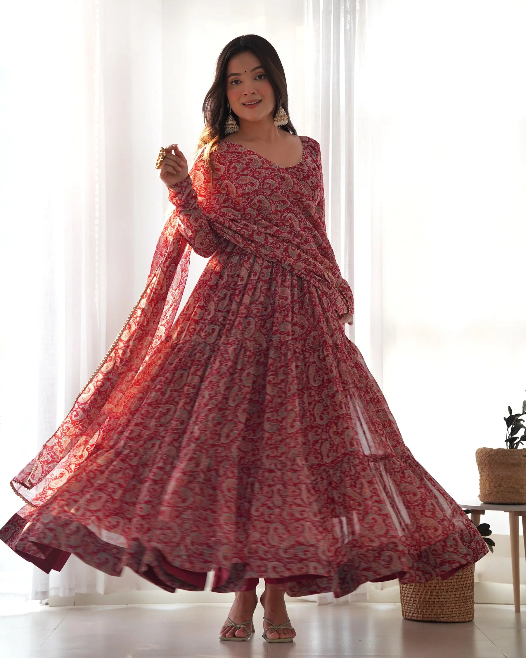 Pure Soft Fox Georgette Kalamkari Print Fabric Fully Flared Anarkali with Dupatta Set and Pants, Ready to Wear