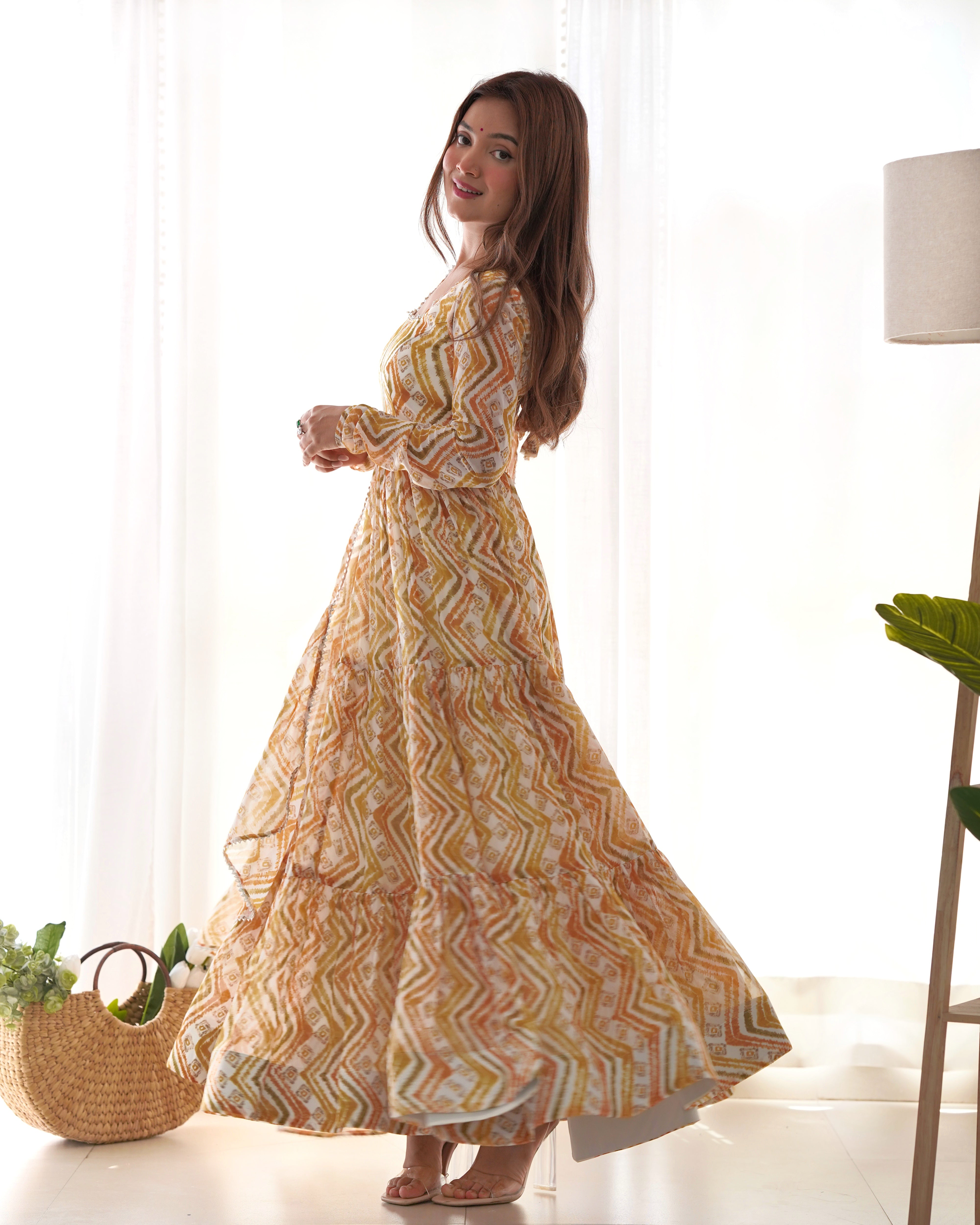 PURE SOFT FOX GEORGETTE ZIGZAG PRINT FABRIC FULLY FLAIR ANARKALI,WITH DUPPTA SET,PENT READY TO WEAR*