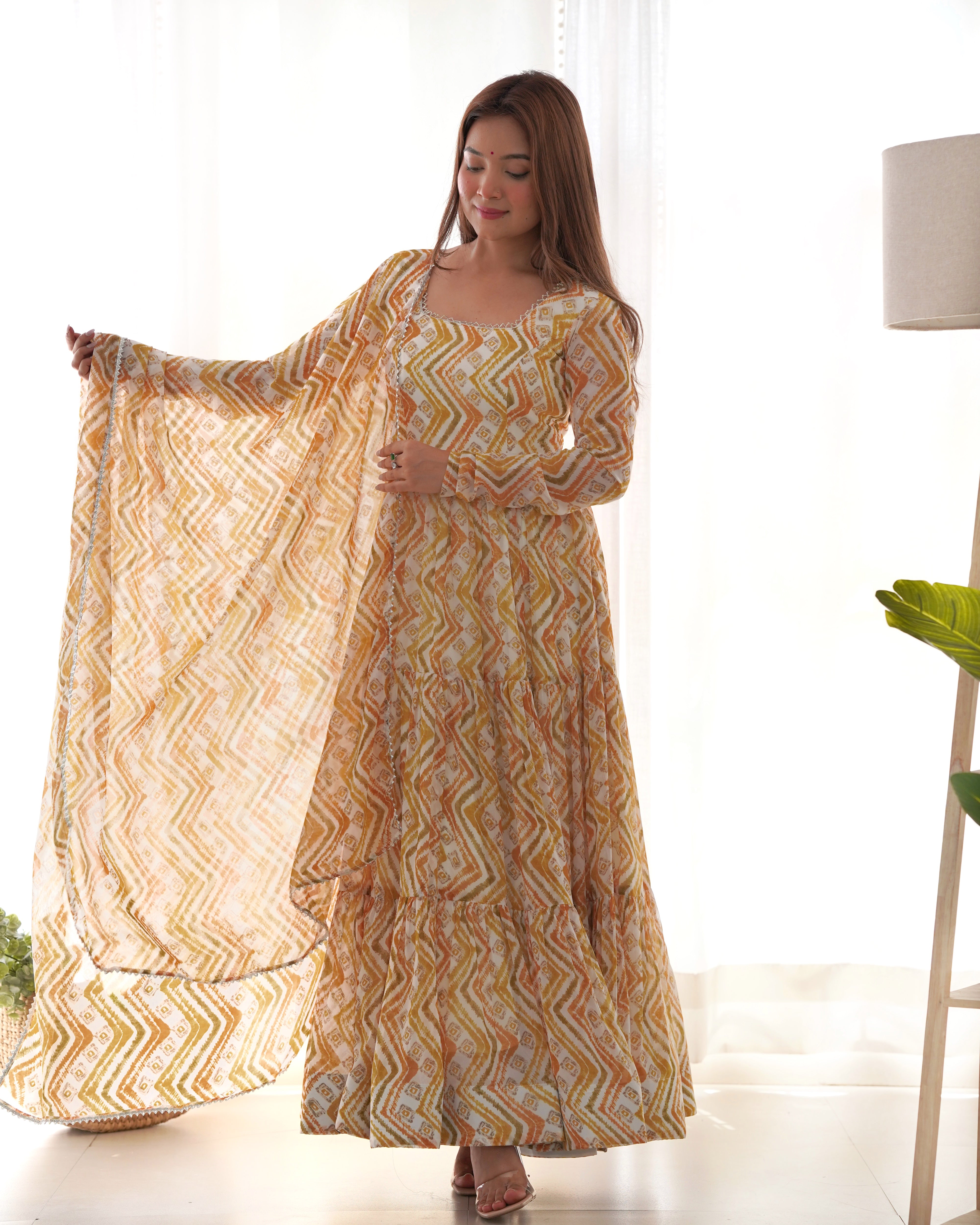 PURE SOFT FOX GEORGETTE ZIGZAG PRINT FABRIC FULLY FLAIR ANARKALI,WITH DUPPTA SET,PENT READY TO WEAR*