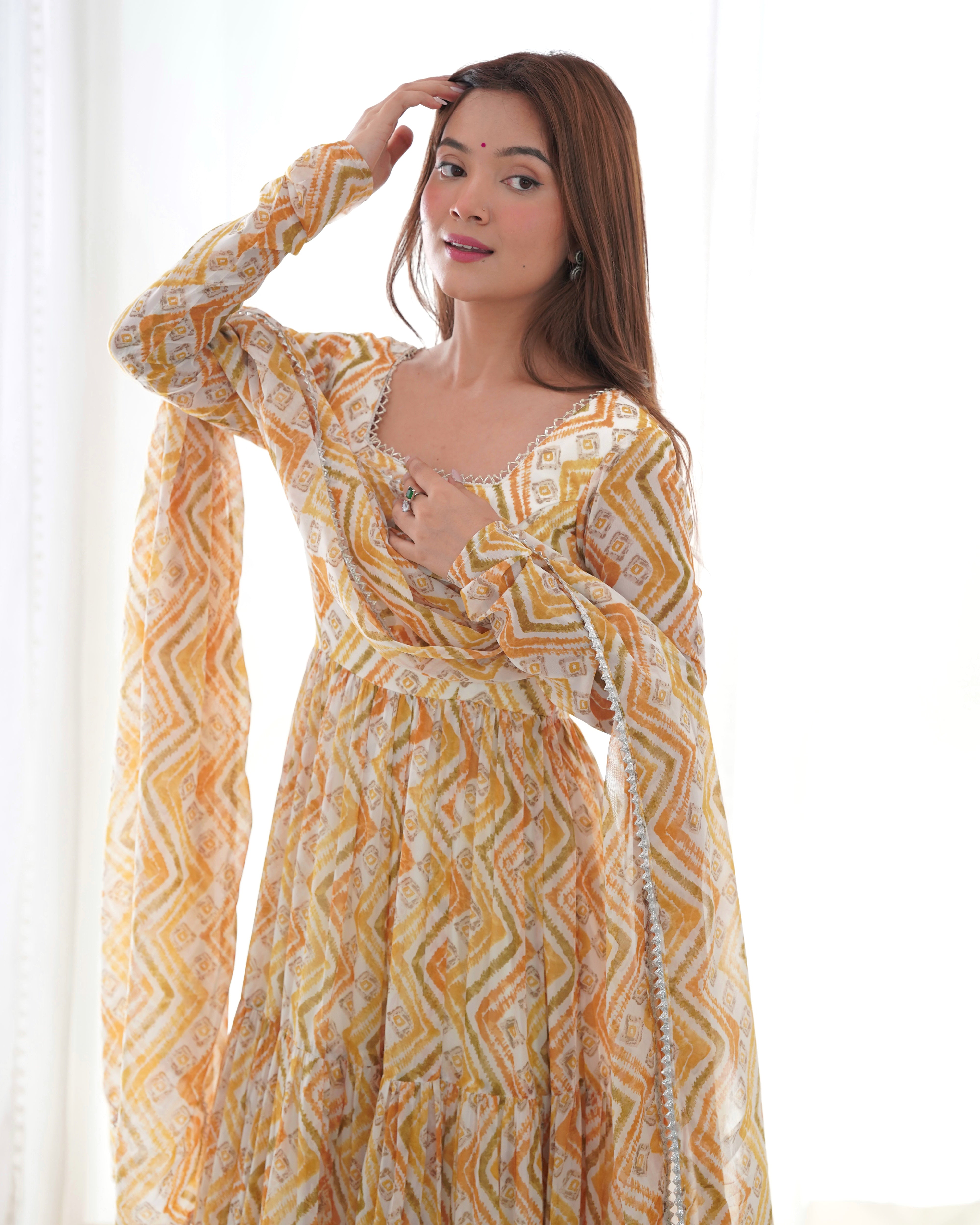 PURE SOFT FOX GEORGETTE ZIGZAG PRINT FABRIC FULLY FLAIR ANARKALI,WITH DUPPTA SET,PENT READY TO WEAR*