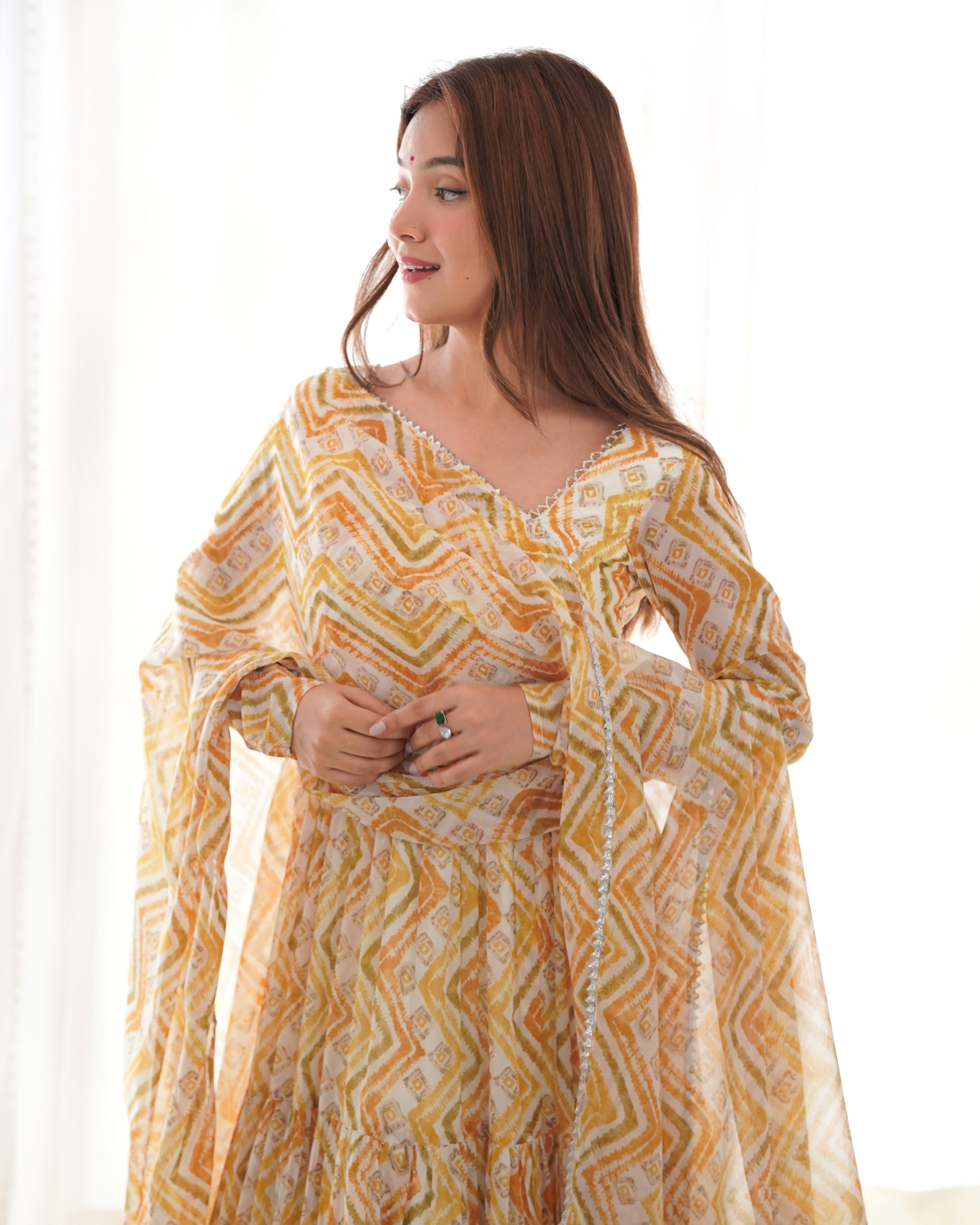PURE SOFT FOX GEORGETTE ZIGZAG PRINT FABRIC FULLY FLAIR ANARKALI,WITH DUPPTA SET,PENT READY TO WEAR*