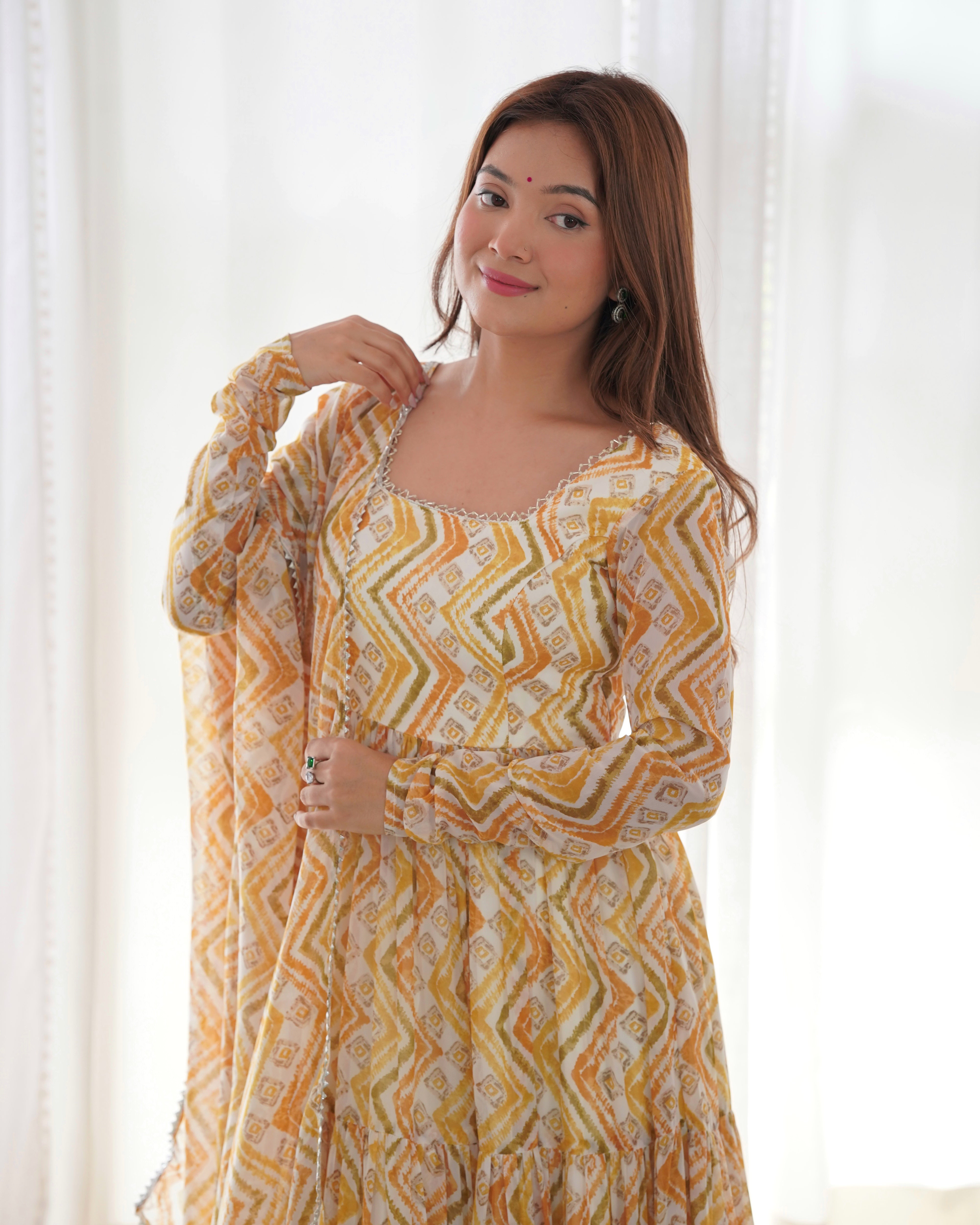 PURE SOFT FOX GEORGETTE ZIGZAG PRINT FABRIC FULLY FLAIR ANARKALI,WITH DUPPTA SET,PENT READY TO WEAR*