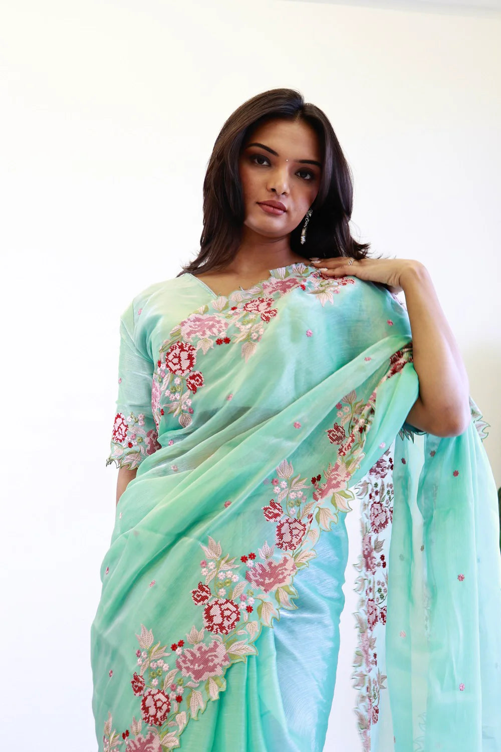 NEW COLOR BURBARY JIMMY CHOO SHINY EMBROIDERY WORK SAREE WITH UNSTICHED BLOUSE