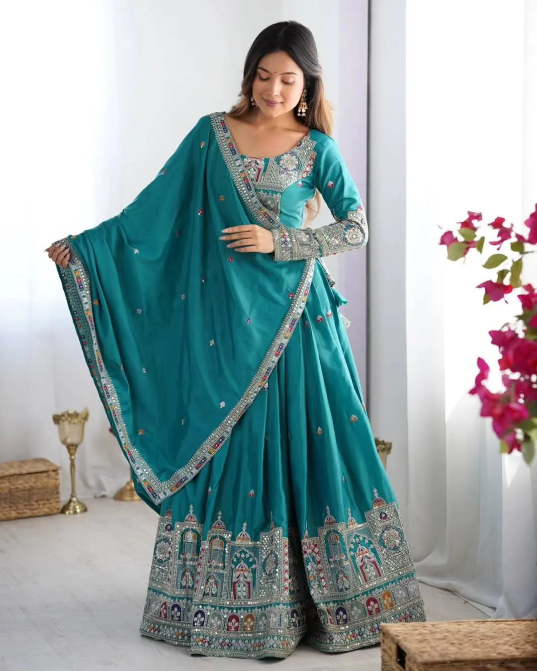 Peacock Blue Chaniya Choli for Women – Heavy Mirror Work Gujarati Lehenga with Embroidered Blouse & Dupatta | Wedding & Navratri Traditional Outfit