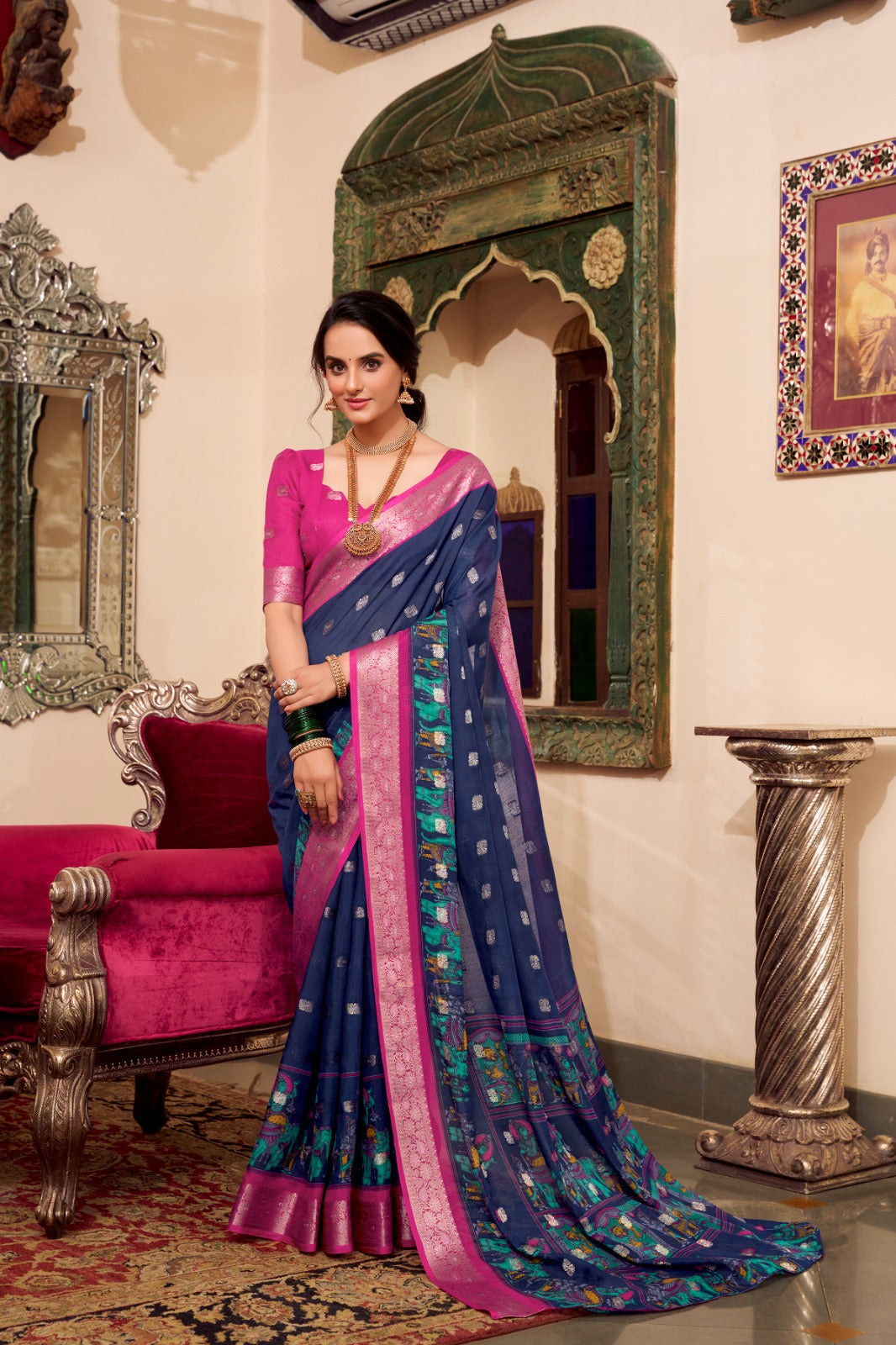 Poly Cotton Kalamkari Print With Zari Weaving Work Border Saree