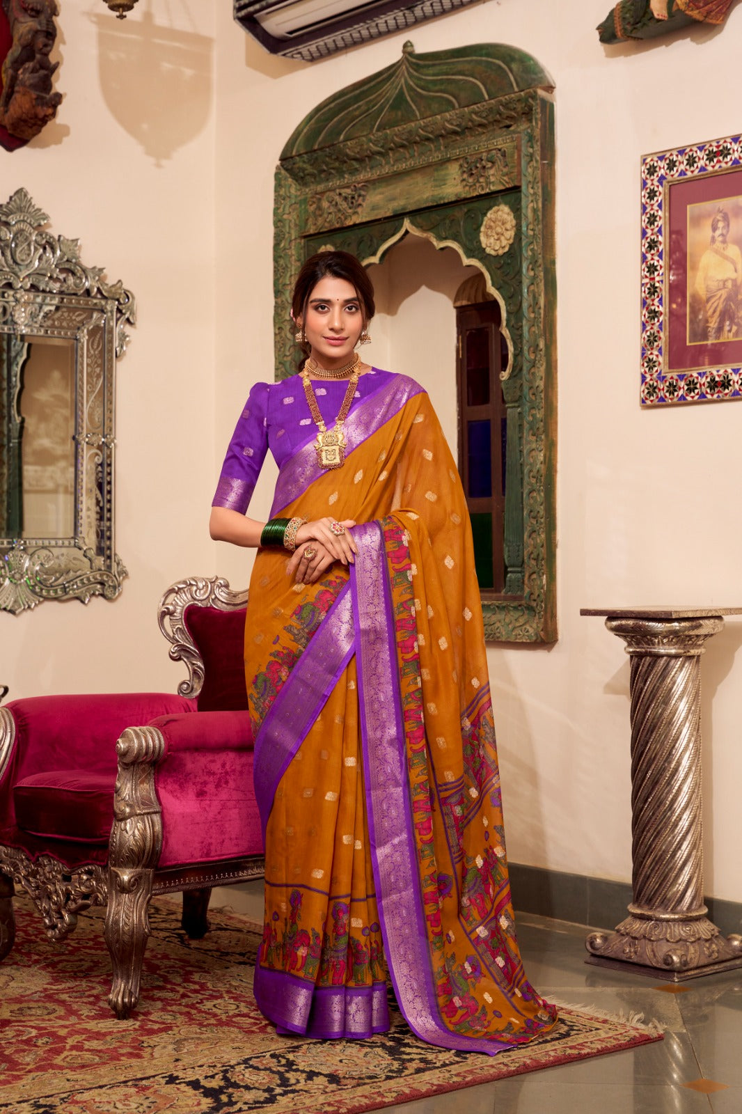 Poly Cotton Kalamkari Print With Zari Weaving Work Border Saree