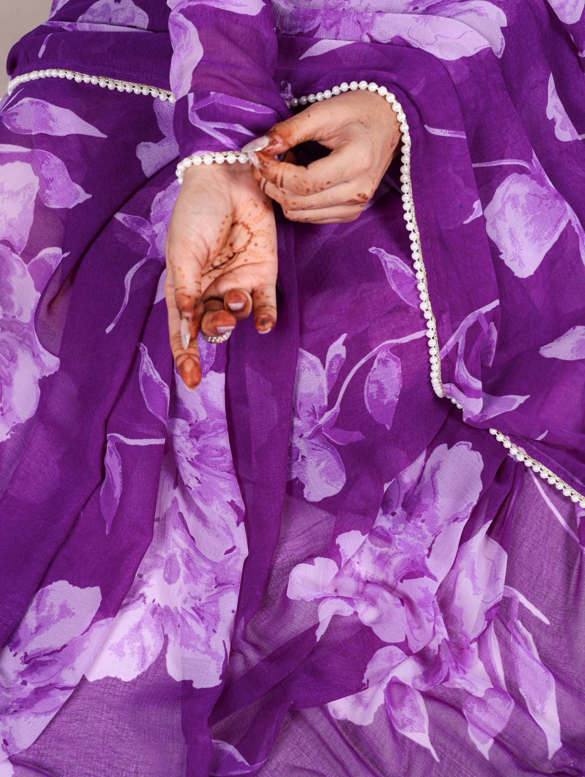 Chiffon Foral Printed Pearl Lace BorderSaree