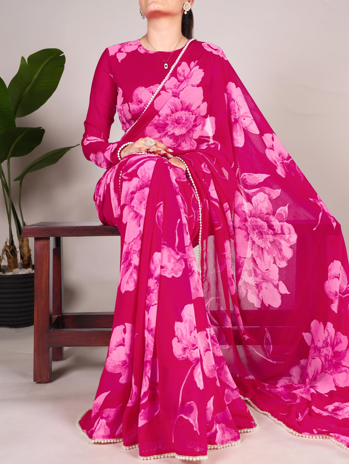 Chiffon Foral Printed Pearl Lace BorderSaree