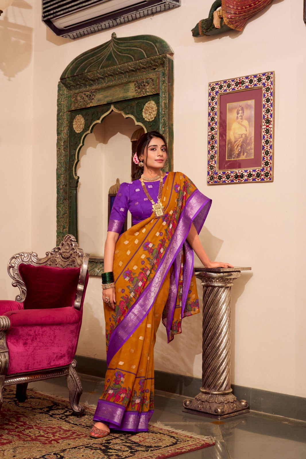 Poly Cotton Kalamkari Print With Zari Weaving Work Border Saree
