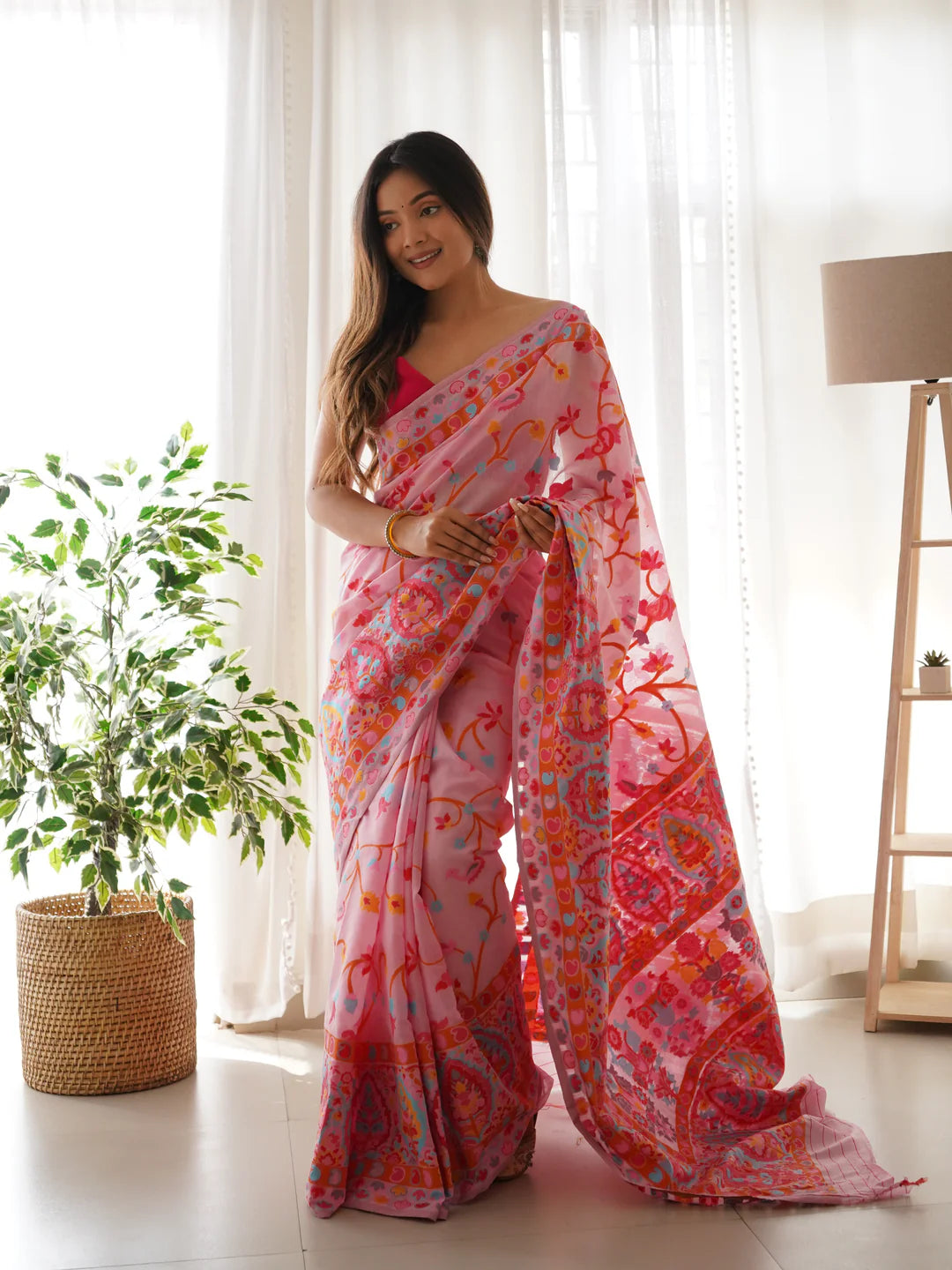 KASHMIRI PASHMINA COTTON KACHHI WORK MULTI THRADE SAREE
