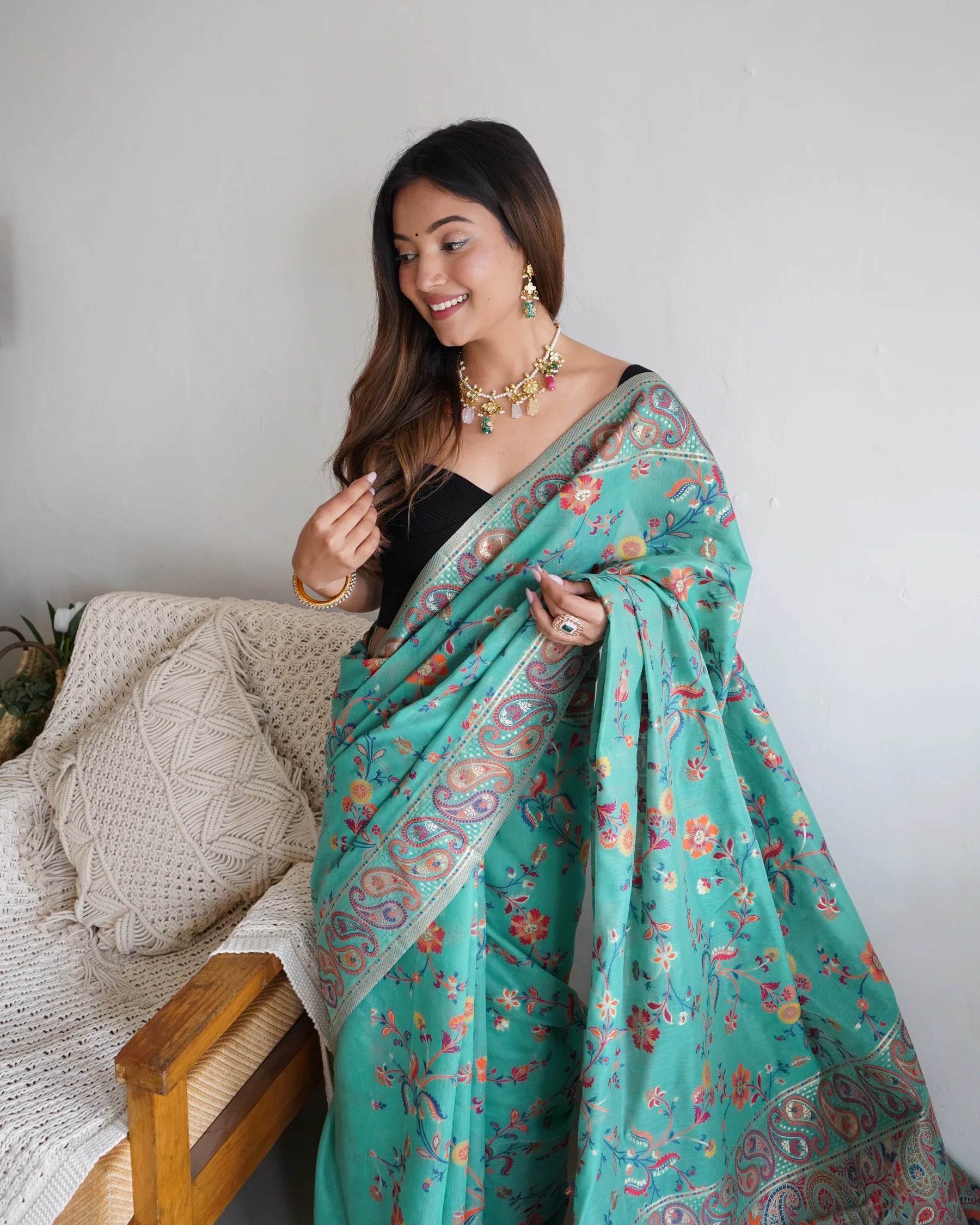 KASHMIRI PASHMINA COTTON KACHHI WORK MULTI THRADE SAREE