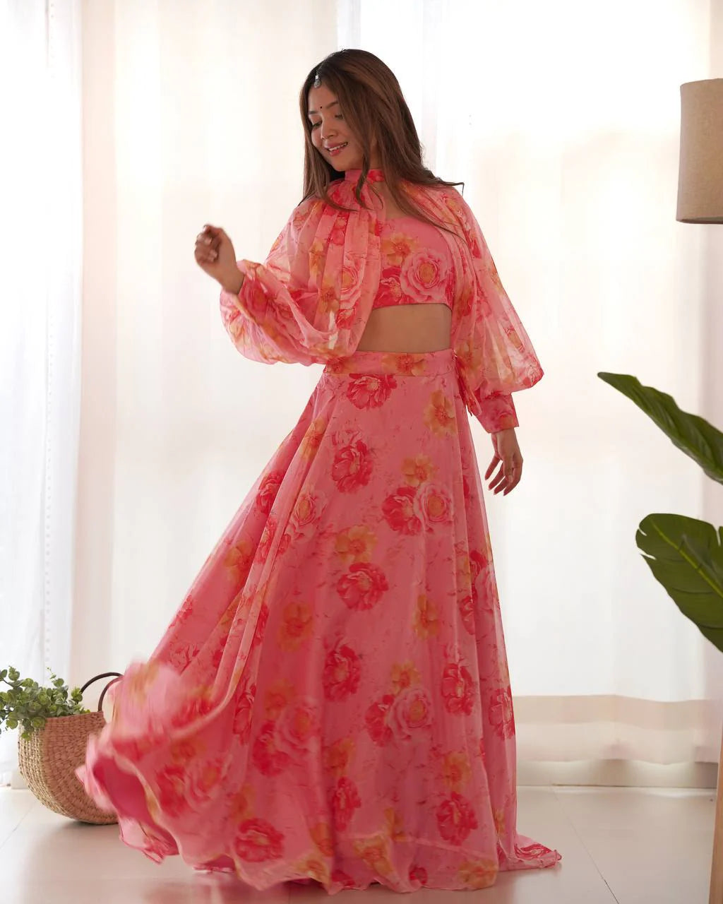Baby Pink Color Pure Tabby Organza Printed Lehenga Choli