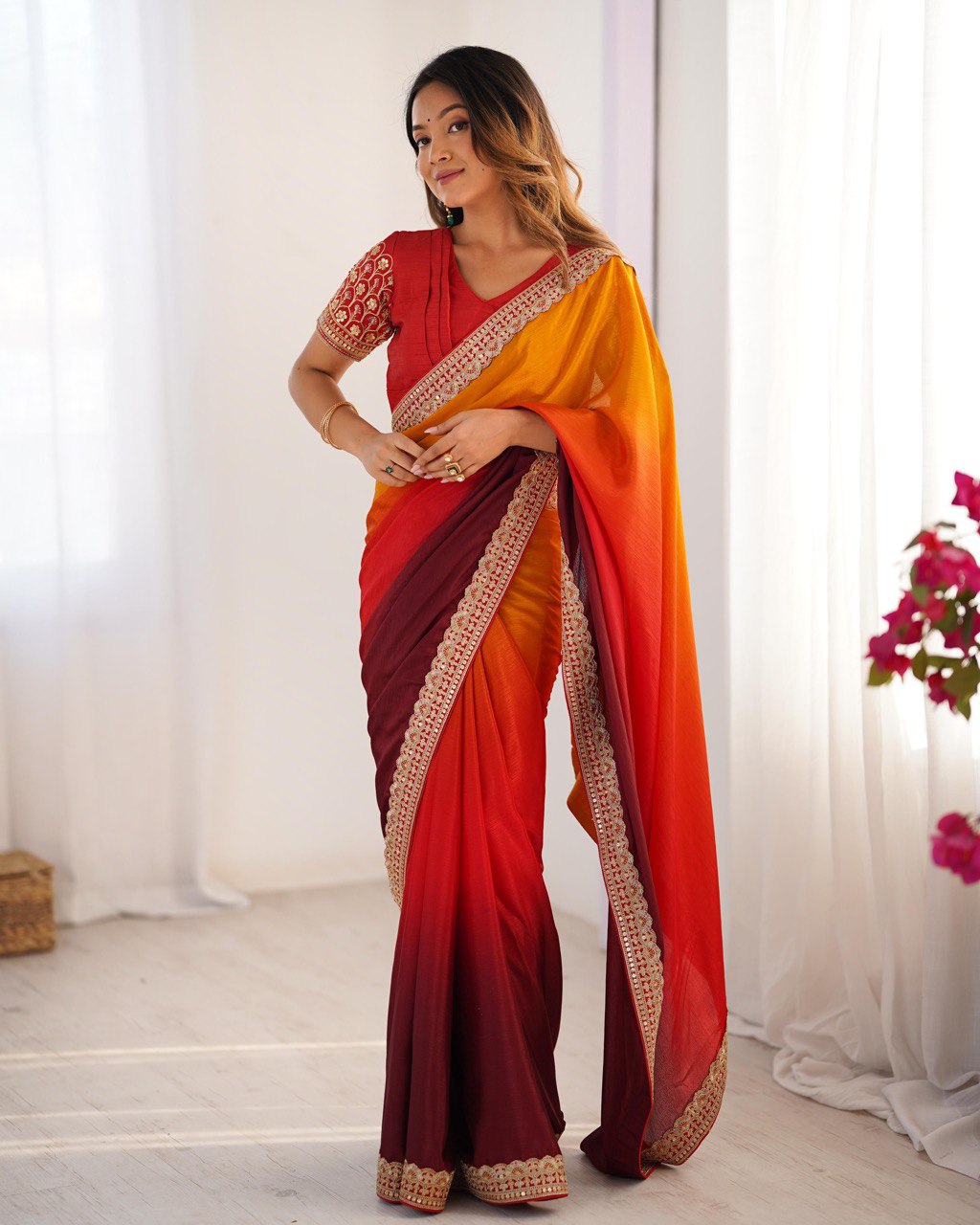"Radiance in Every Drape: A Fiery Fusion of Sunset Hues"
