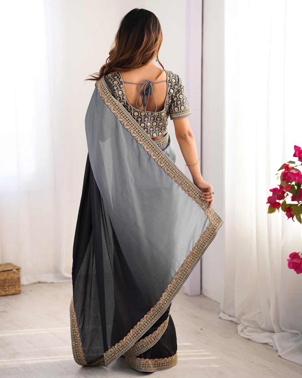 "Elegance in Midnight Hues: A Graceful Blend of Charcoal and Steel Blue"