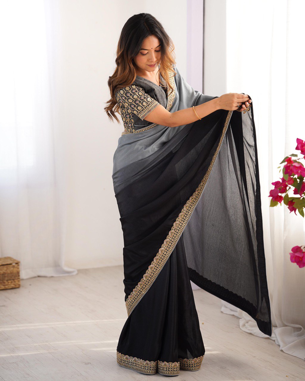"Elegance in Midnight Hues: A Graceful Blend of Charcoal and Steel Blue"