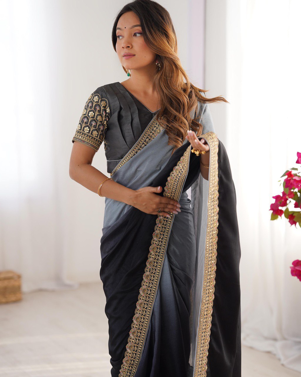 "Elegance in Midnight Hues: A Graceful Blend of Charcoal and Steel Blue"